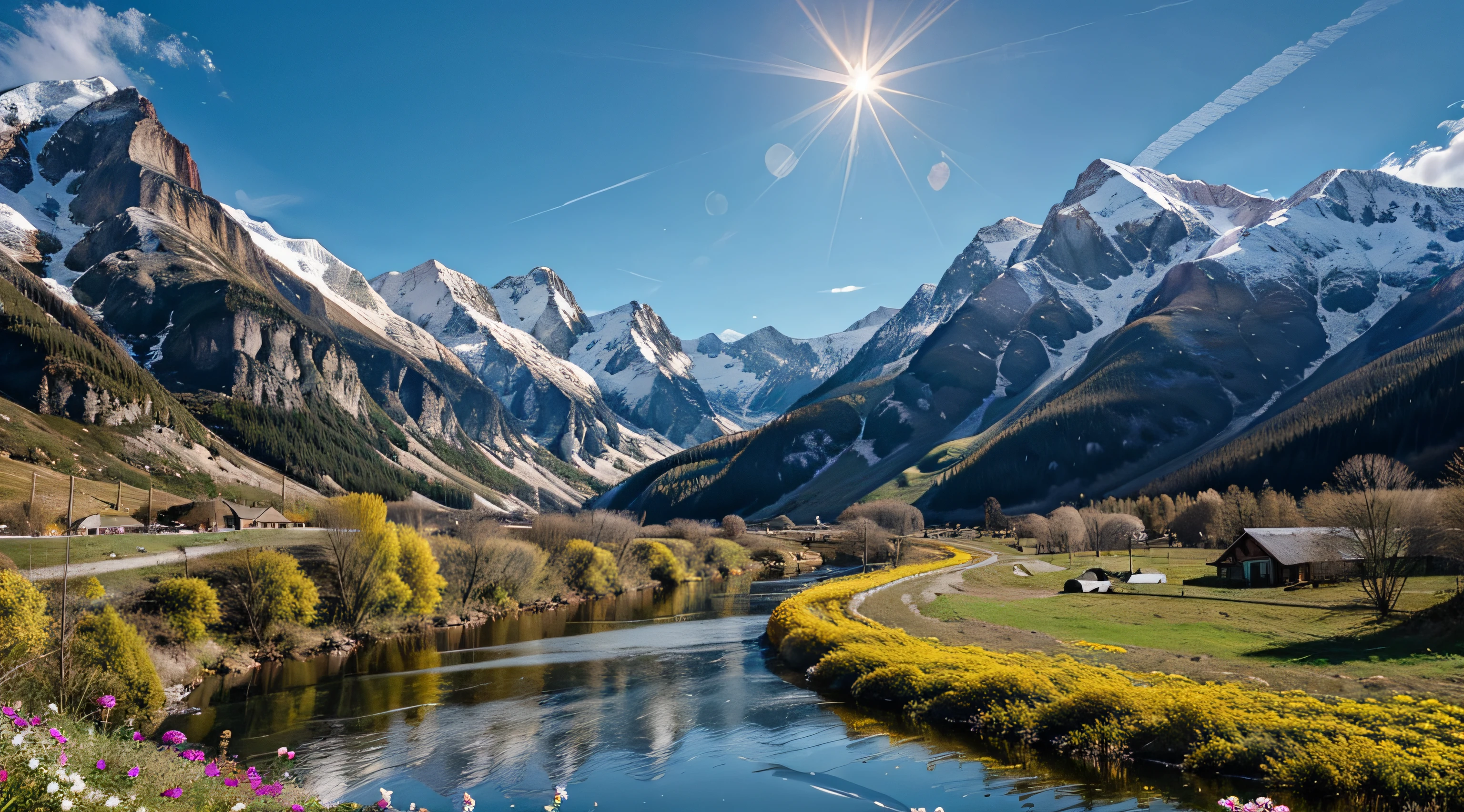 Generate a Landscape image of beautiful mountains, rivers, flowers, sun and birds. The image should look bright and mountain should be green