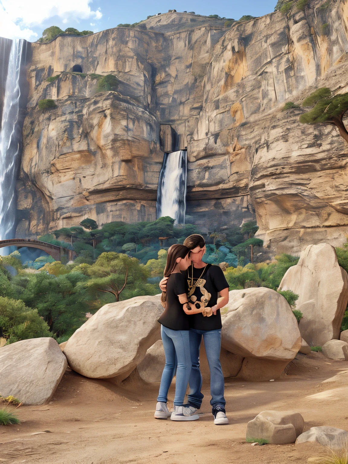 Girl in black tshirt and light jeans hugging men in black tshirt with jeans and white shoes with a gold chain on his neck and background is a mountain and a waterfall