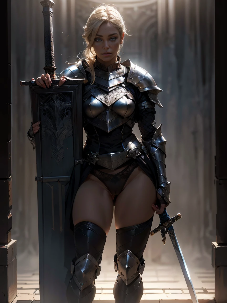 full body paparazzi shot of SCANTILY CLAD LADY KNIGHT, Holding the sword in front of him, leaning on it, Standing in a fighting posture, Photo below [ thigh gap [ camel toe :  ] : 0.4], Rich, Deep Colours, (intricate details:0.9), (HDR, hyper-detailing:1.2), (natural skin textures, hyper realisitc, soft light, Sharp),