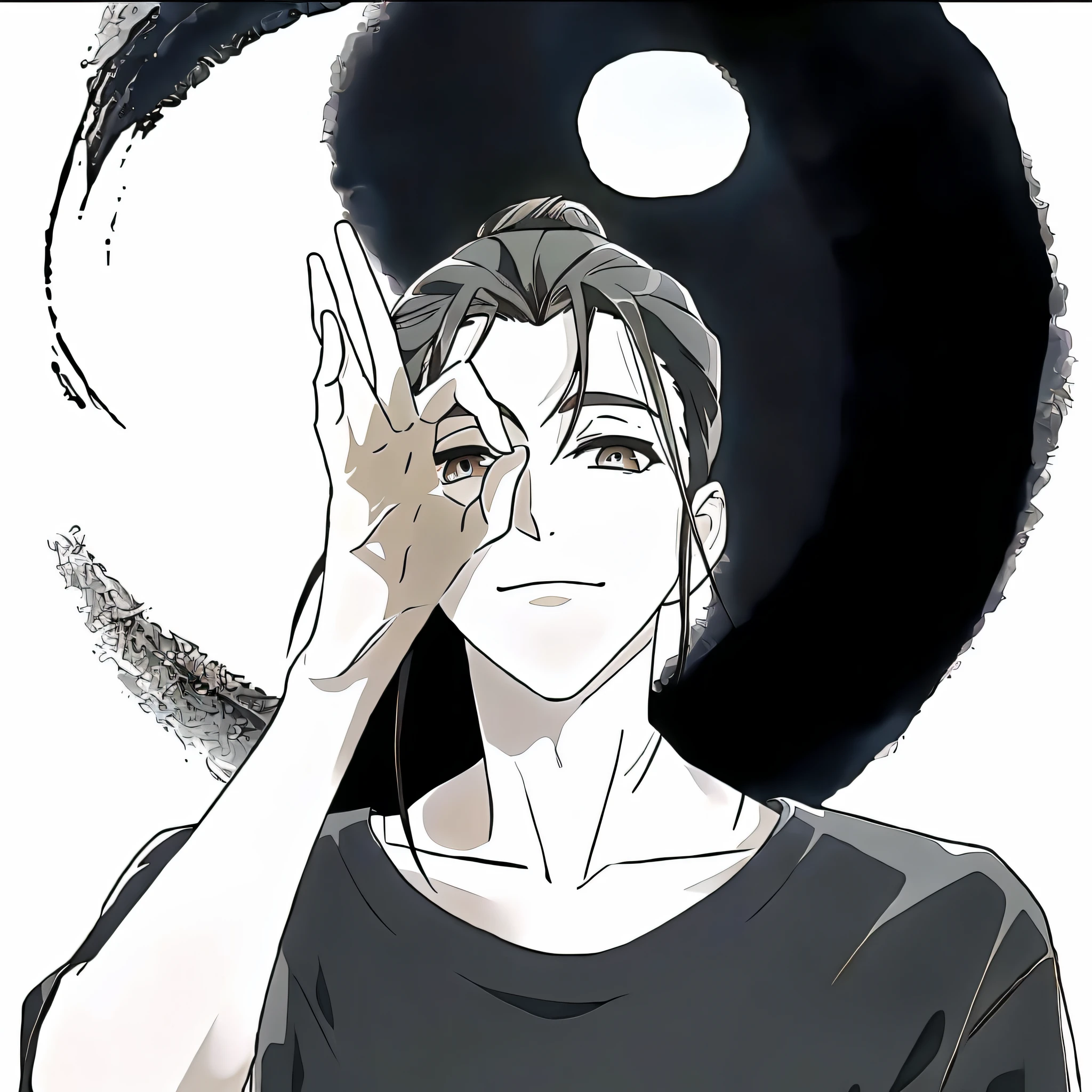 Anime image of a man wearing a black shirt and black shirt, shuushuu anime image, heise jinyao, handsome anime pose, kentaro miura manga style, Inspired by Jihei Sugimura, kentaro miura manga art style, manga style of kentaro miura, anime handsome man, with index finger