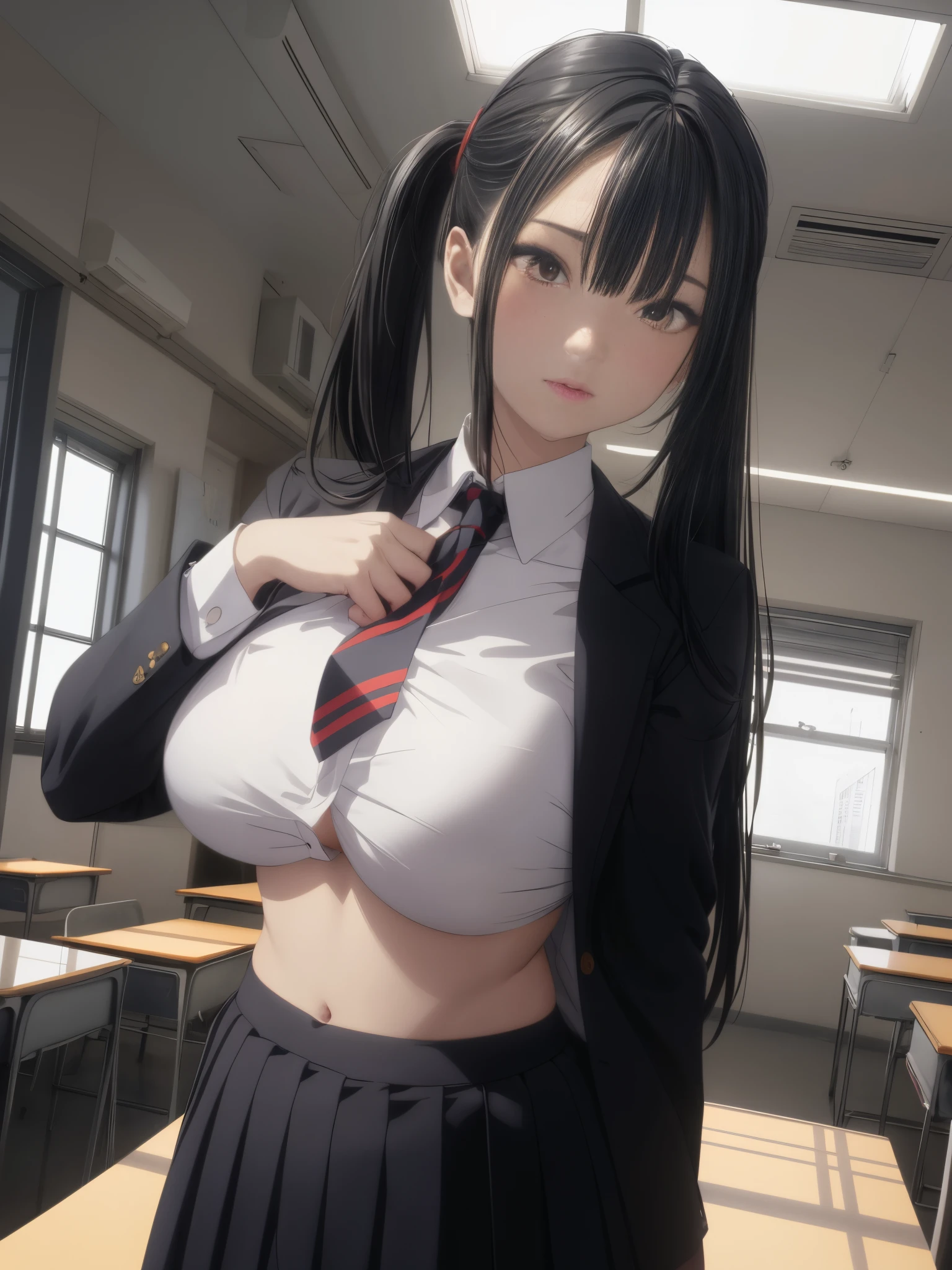1Woman, Long hair, pony tail, parted lips, blusher, makeup, Annoying, bellybutton, underbreasts, school uniform, Classroom, school bag, light beams, Glow, thights, 鎖骨, Narrow waist, (Masterpiece), wallpapers,