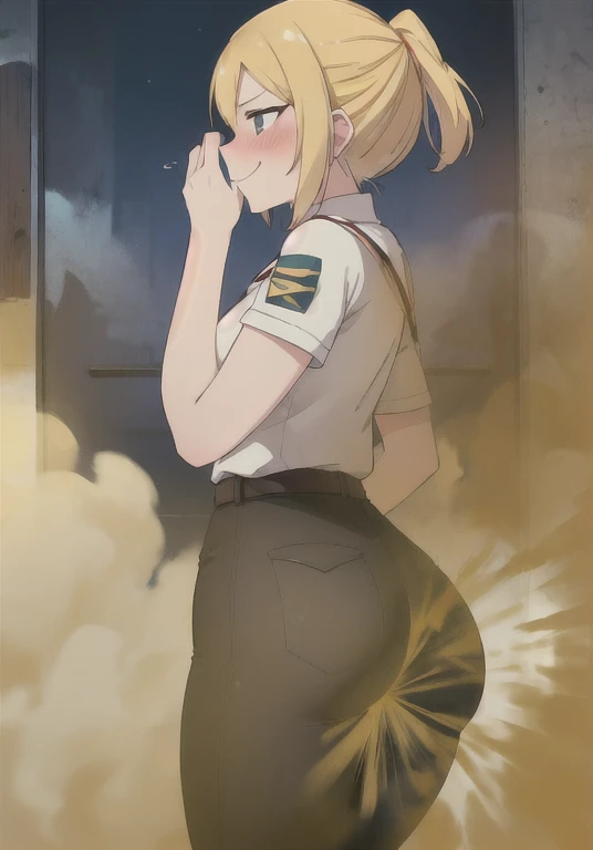 ((annie leonhart)),((velocity)),Yellow smoke,Attacked by farts, (((Women stand)),velocity,(Yellow smoke is rising),i&#39;i&#39;i&#39;i&#39;i&#39;i&#39; training field)),((One Woman)),((A girl smells a fart and smiled frowned)),((fart while training)),((blushing)),(​masterpiece:1.2、top-quality)、(the Extremely Detailed CG Unity 8K Wallpapers、ultra-detailliert、Best Shadows)、(细致背景)、(The best lighting、extremely delicate and beautiful)、depth of fields、1girl in、独奏 ,looking arround her,Women wear  scout outfit,Ephemeral,,(blonde),(scout regiment outfit)),((((Girl is embarassed when she smells the bad smell of farts)))),outfit like a scout regiment,((((profile facing diagonally)))),((i&#39;I closed my mouth with hand feel embarassed...)),(()),((embarassing look)),((massive fart)),((fart text))