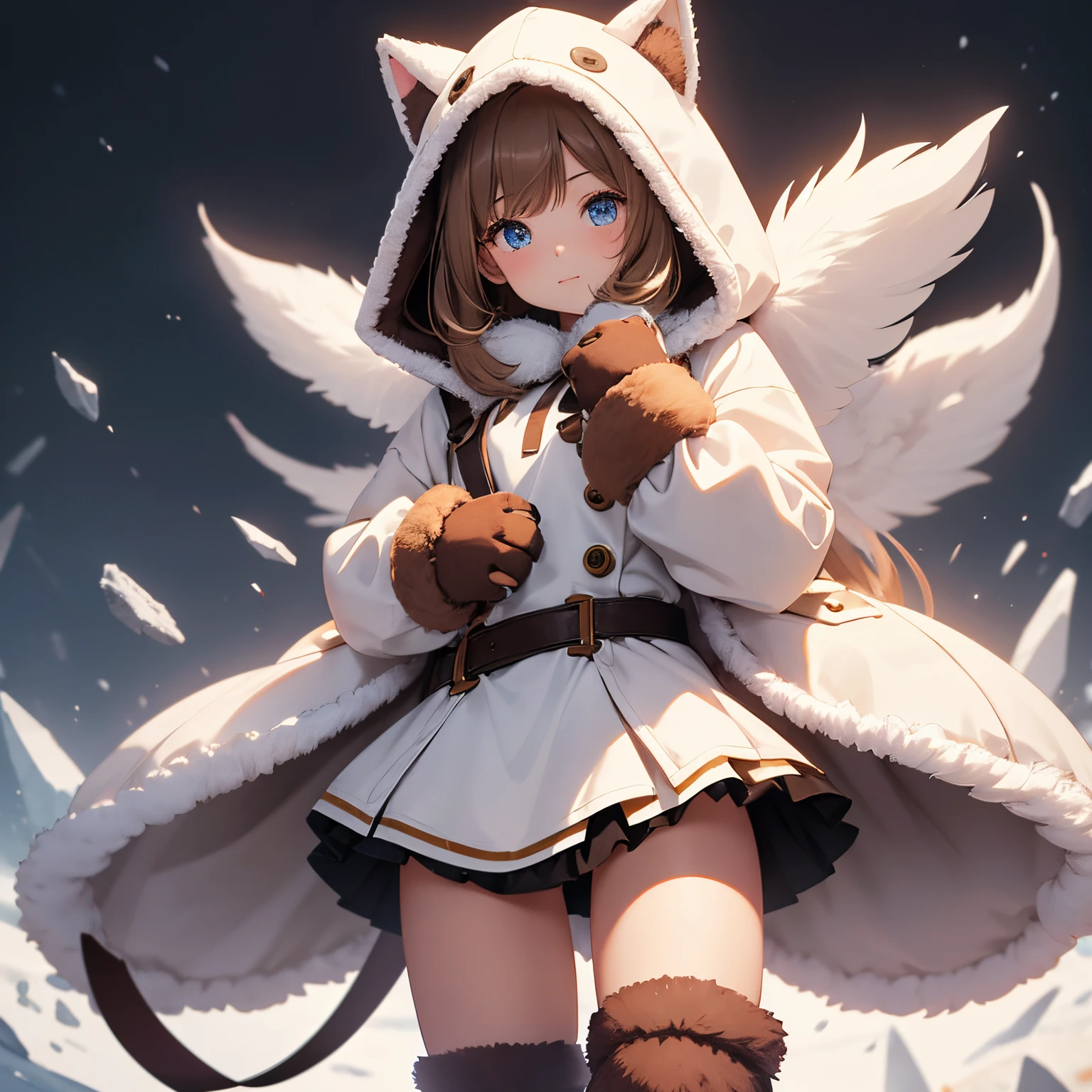 super high quality, 8k, RAW photo, realistic, light brown straight hair, cute girl, sharp eyes, full makeup, slender, great proportion, wearing fluffy downy feathery woolly cat mascot costume with hooded miniskirt boots gloves, paw pose, claw pose