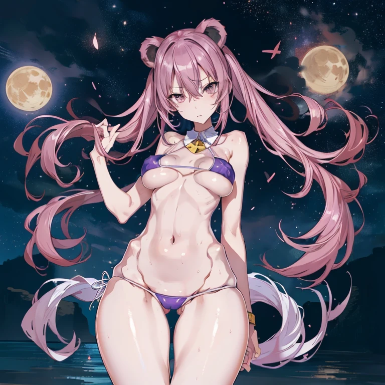 perfect hand,perfect anatomy,big moon night,masutepiece,Best Quality,Ultra-detailed,High resolution,Unity 8k壁纸,super detailed skin,Cinematic lighting,Beautiful detailed eyes,(Ideal ratio body proportions,gigantic very sagging breasts:1.5), underboob, (Small bikini:1.4),((slim)), Thin, an hourglass figure, Toned, Flat belly, (wide hips), (bear a child on the hip), micro bikini, thick thighs,(1boy,Asaikun:1.5),