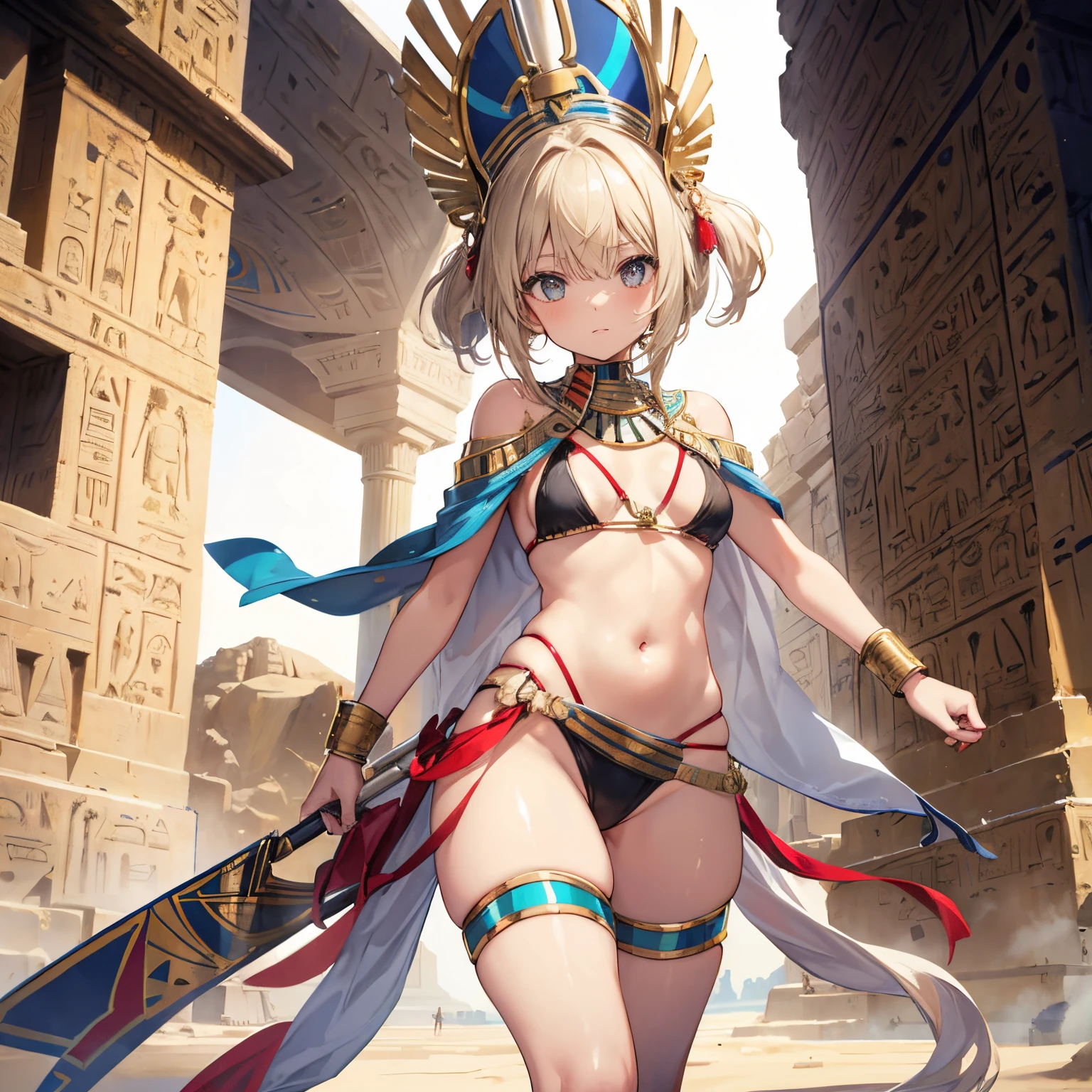 one-girl，warriors，infantry，Egyptian style bikini，Egyptian costumes，cropped shoulders，Bare thighs，little belly