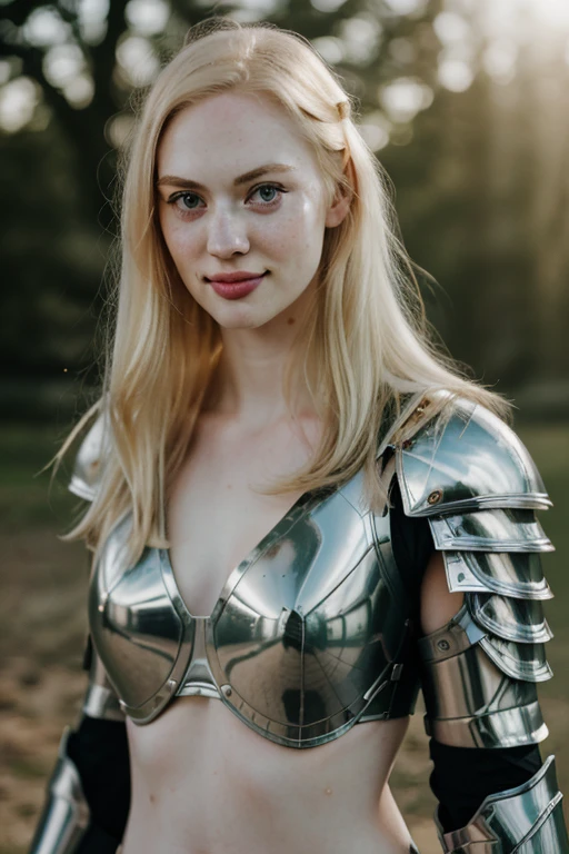 Ultra realistic photography of dbwl woman with (((many huge beauty marks on her) ) natural pale white skin)  ,  ((wearing chrome knight (armor))), 
,  SFW,  
 (((   ((full body portrait)))   )), ((fighting stance)),   natural (  (pale light blonde eyelashes) )blue eyes, medieval background, 
 detailed Natural pale white skin  with (((many huge round beauty marks))) , smile, (light pale blonde eyebrows), side_buns_hairstyle,
 in frame,  happy, sexy, 
detailed, natural light blonde,  outdoors, sunny, high resolution, photograph, RAW photo, cinematic lighting, chr0me4rmor,