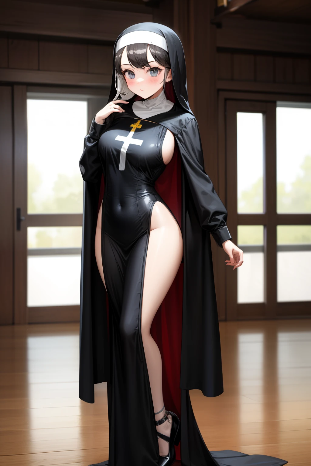 Cute girl, nun ,She is dressed as a nun ,Cross , adult girl,sexy body, full body