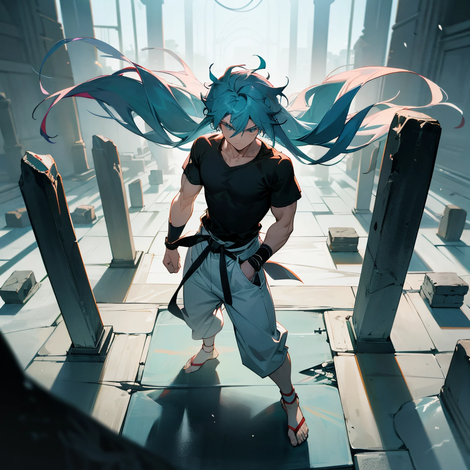 1male , black shortsleeve T-shirt , White Baggy Karate Pants , Black martial arts belt , wristbands , Long Length Hair , Light Teal Hair , Messy Spiky Wavy Hair , Backnot in hair , Somewhat Muscular Build , Perfect Generation , Standing in Stone Arena , looking at camera