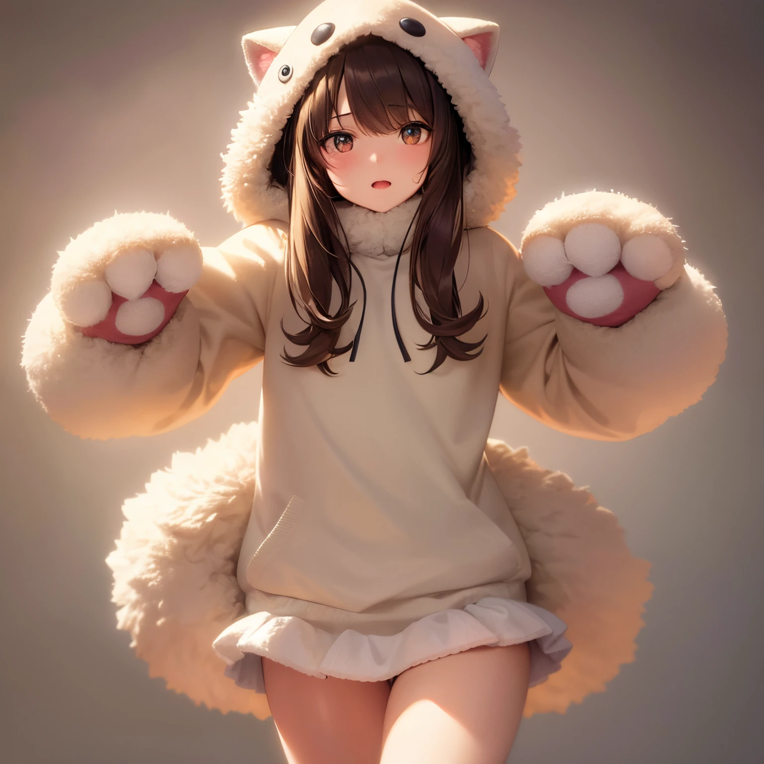 super high quality, 8k, RAW photo, realistic, light brown straight hair, cute girl, sharp eyes, full makeup, slender, great proportion, wearing fluffy downy feathery woolly cat mascot costume with hooded miniskirt boots gloves, paw pose, claw pose