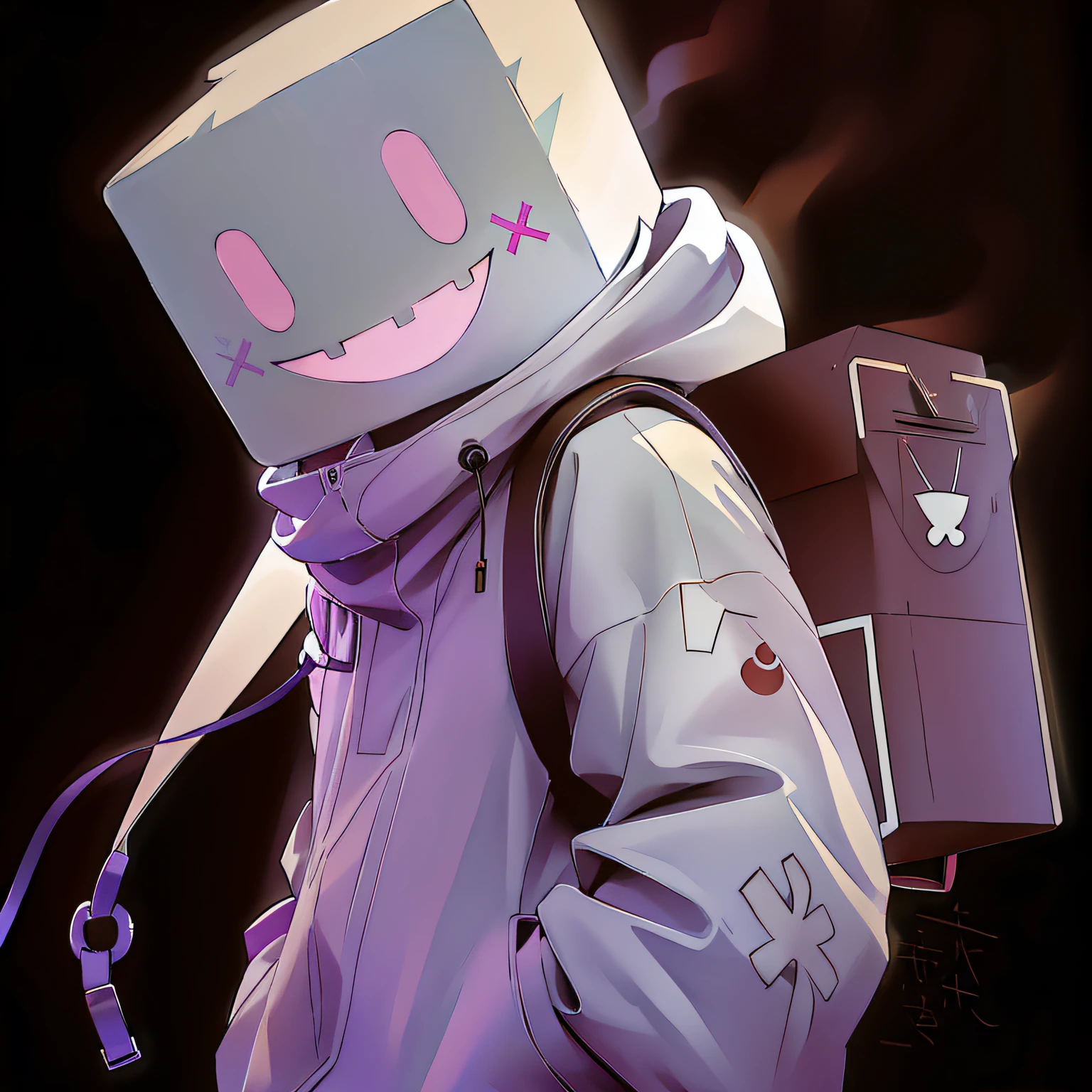 There is a man with a box on his head, A smug smile, triumphant laughter, unknown artstyle, [[[[smile evilly]]]], digital art from danganronpa, [ number art ]!!, High quality anime art style, no legend, profile picture 1024px, A slight smil, Pyro, trigger anime artstyle