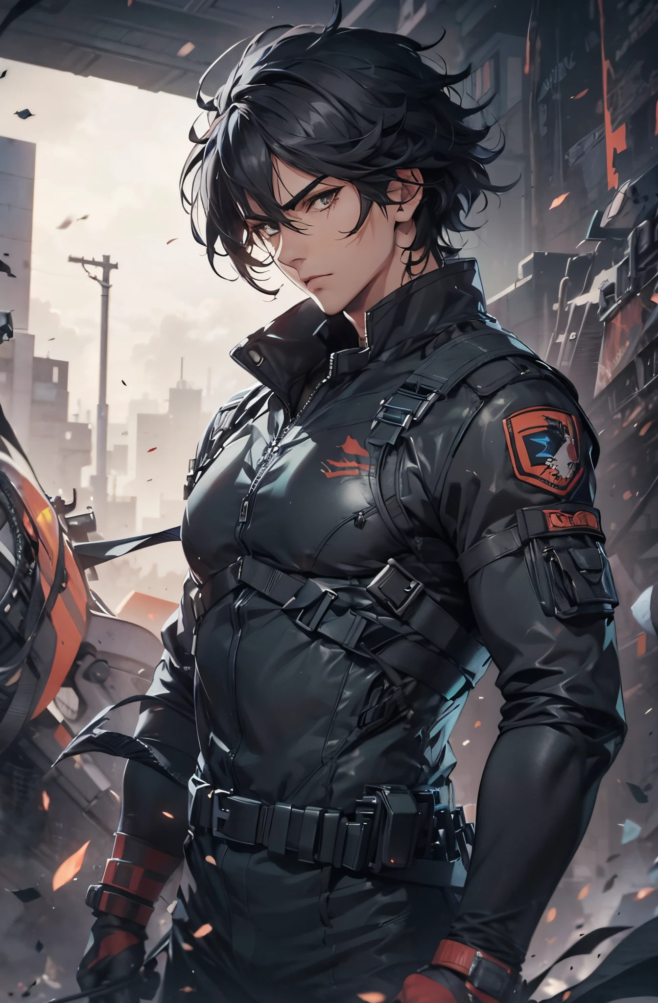 1man, handsome, wild black medium hair, wearing combat suit, masterpiece, 4k, top quality, highly detailed, official art