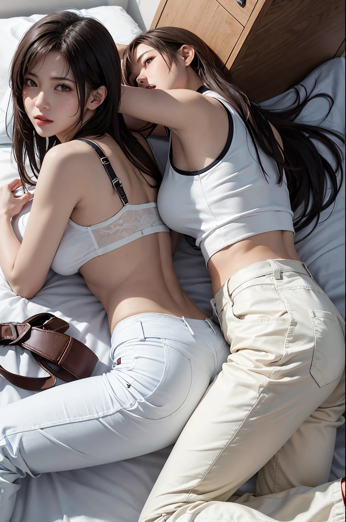 Final fantacy, Tifa, wear close fitting white trouser, get down bed, back