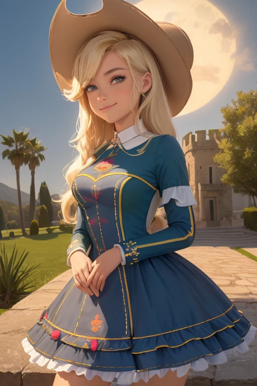 (Obra maestra, La mejor calidad:1.2), Disparo de vaquero, solamente, 1girl, mlpapplejack, They are smiling, Mirando al espectador, Cabello largo y bajo, linda sonrisa,Vestido de noche elegante, vestido escotado, senos grandes, guantes elegantes largos, tacones , sombrero, en castillo, noche