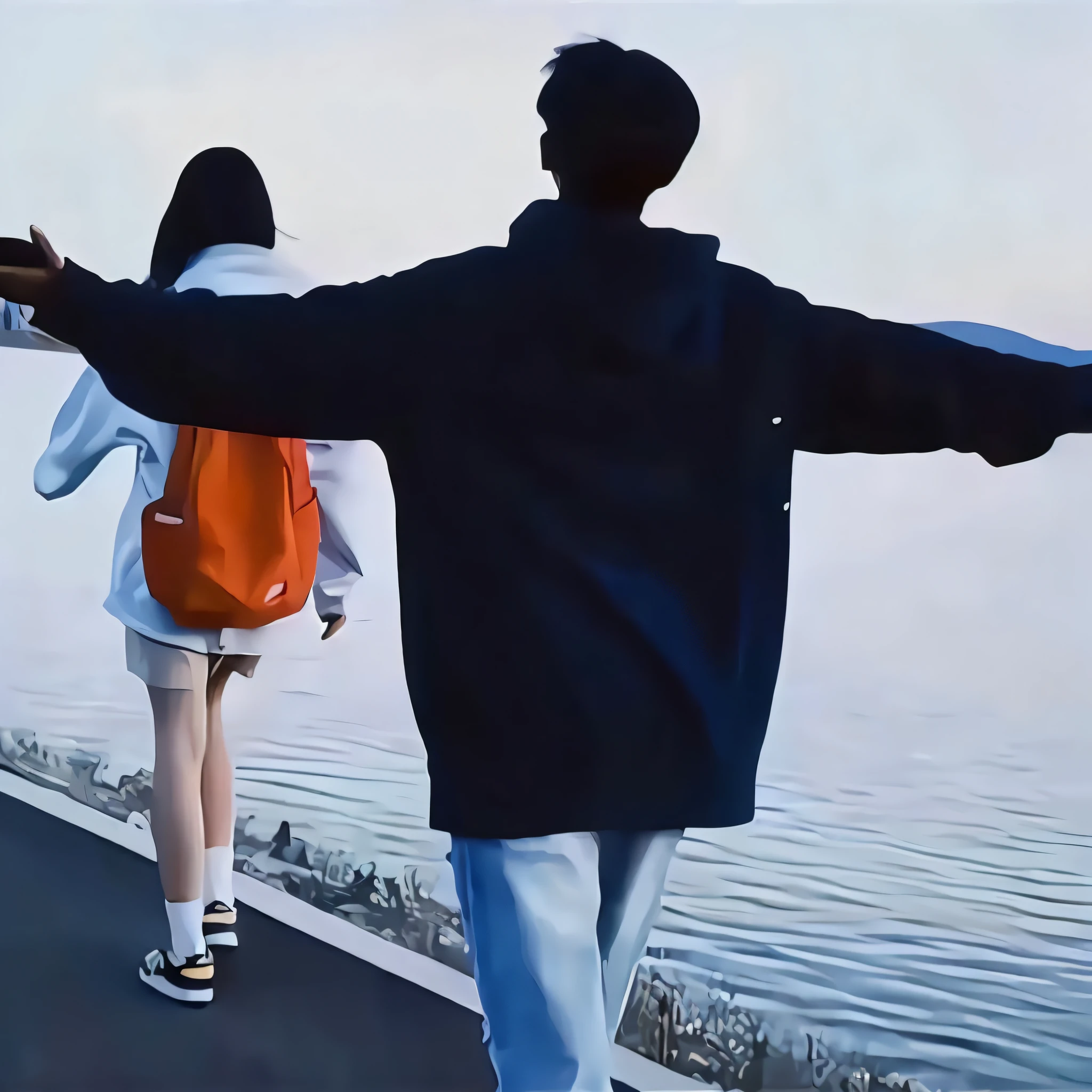 Two people walking on the pier with arms spread wide, man and woman walking together, Painting of two people, Couple walking hand in hand, beautiful painting of friends, walking away, far away from camera, walking together, two guys, far away from camera, come to you, Husband and wife, people go far, rotoscoped