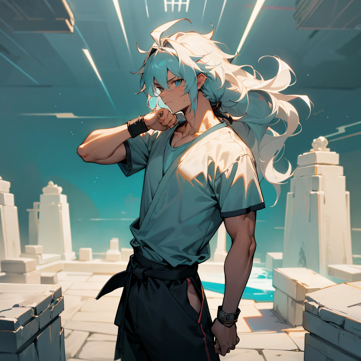 1male , black shortsleeve T-shirt , White Baggy Karate Pants , Black martial arts belt , wristbands , Long Length Hair , Light Teal Hair , Messy Spiky Wavy Hair , Backnot in hair , Somewhat Muscular Build , Perfect Generation , Standing in Stone Coliseum , looking at camera