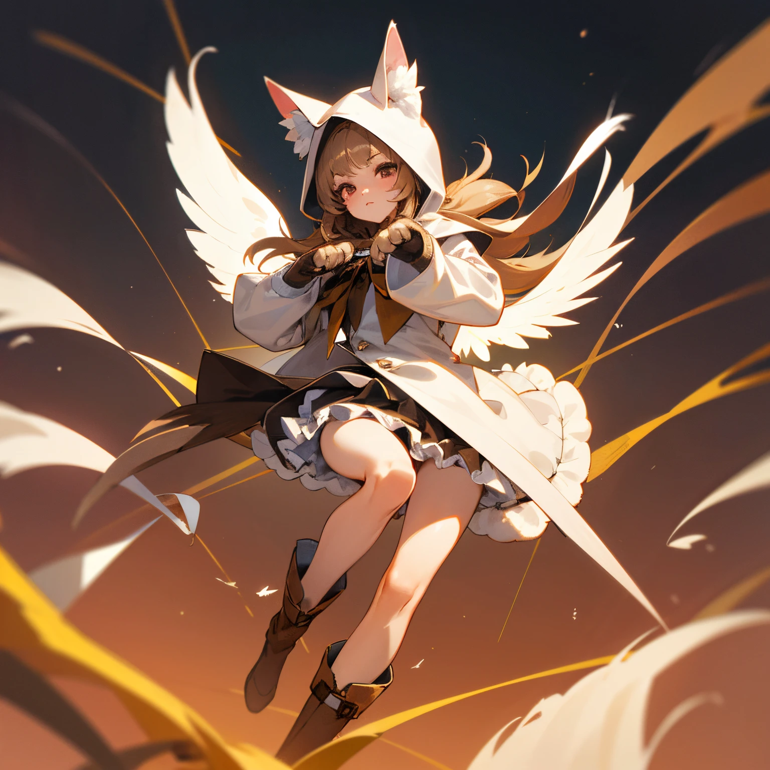 super high quality, 8k, RAW photo, realistic, light brown straight hair, cute girl, sharp eyes, full makeup, slender, great proportion, wearing fluffy downy feathery woolly cat mascot costume with hooded miniskirt boots gloves, paw pose, claw pose