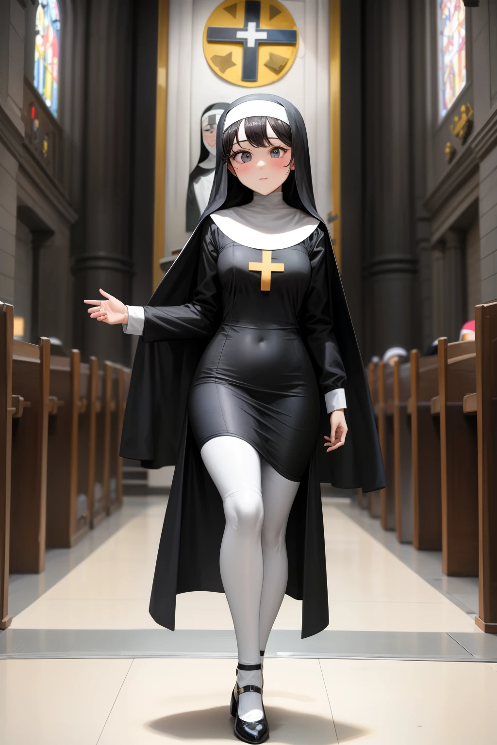 Cute girl, nun ,She is dressed as a nun ,Cross,church, christ, , adult girl,sexy body, full body,