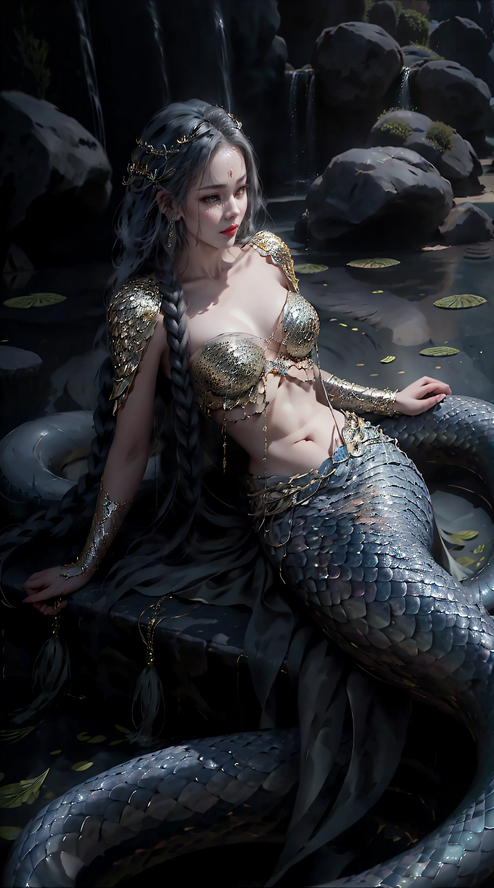 tmasterpiece, Best quality, meticuloso,超高分辨率，raw, A girl with golden snake scales all over her body，（snake scale body），python mode，（nakeness），Lamia，（mermaids:1.2），（Snake tail:1.3），（Snake eyes:1.7），Redlip，long braid，big chest and thin waist，The skin is smooth and delicate，The content is very detailed，hyper realistic texture，A princess、face to the viewer，dark witch，magic myth，palaces，ultraclear，8K