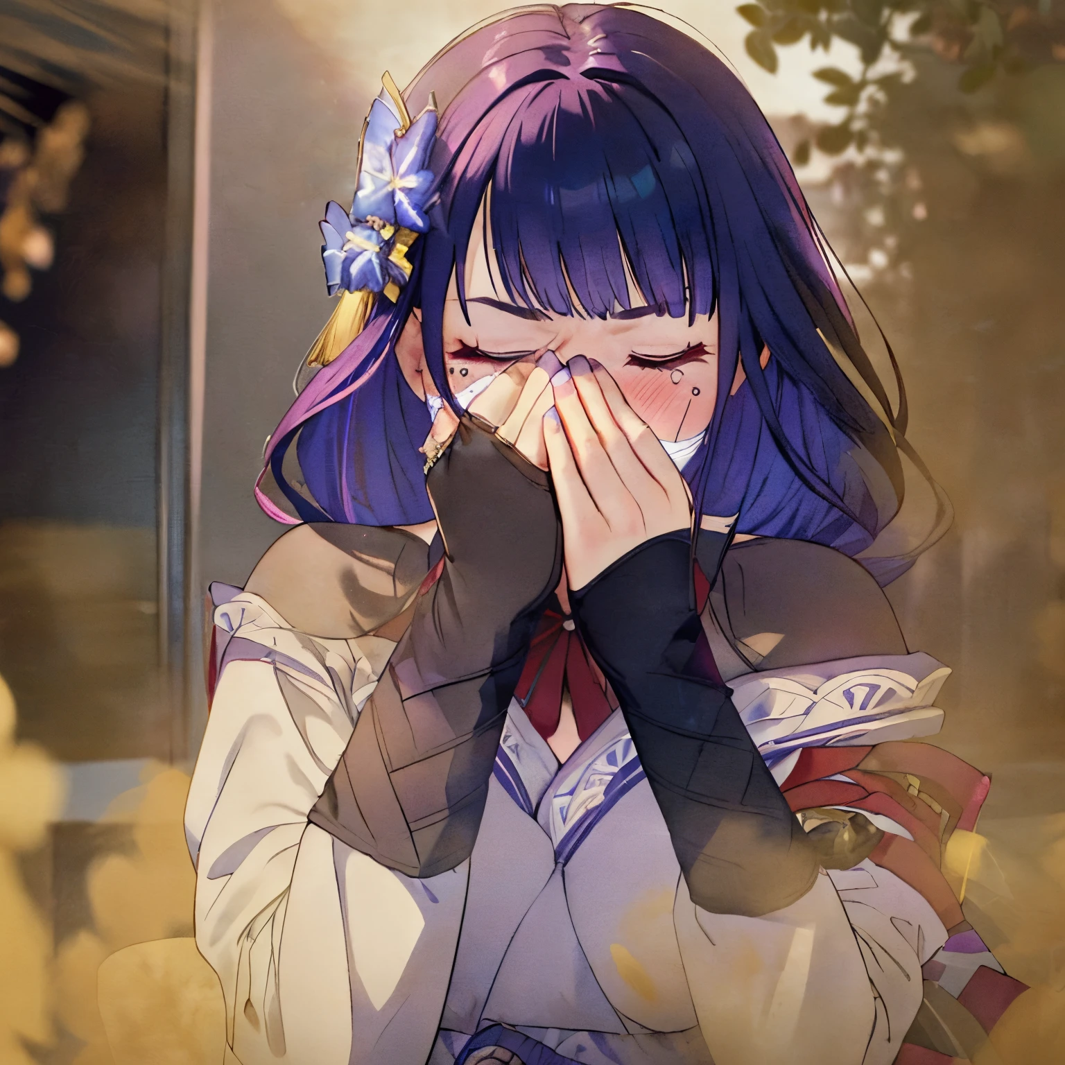 (masterpiece:1.2、top-quality)、(the Extremely Detailed CG Unity 8K Wallpapers、ultra-detailliert、Best Shadows)、(细致背景)、(The best lighting、extremely delicate and beautiful)、depth of fields, yellow smoke covering her face, covering nose using bare hand, upward looking gaze、closed her eyes,(((syncope))),((shed tears)),((((Girl is surprised when she smells the bad smell of farts)))),((((please cover your face with your hands。'There'no smell)))