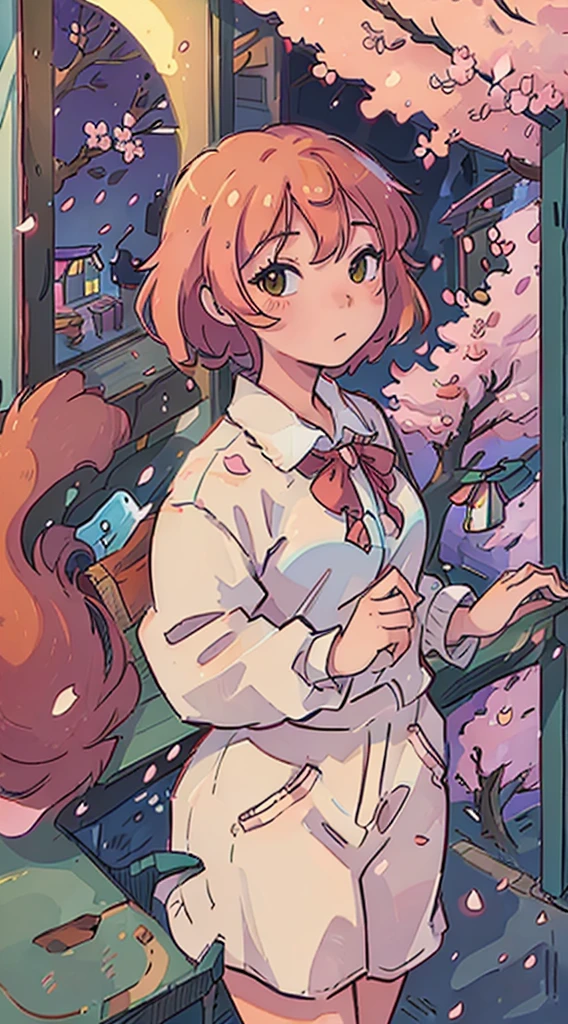 ((best quality)), ((masterpiece)), (detailed), lofi town, cherry blossom trees, cherry blossoms, cat in window, nighttime, orange cat