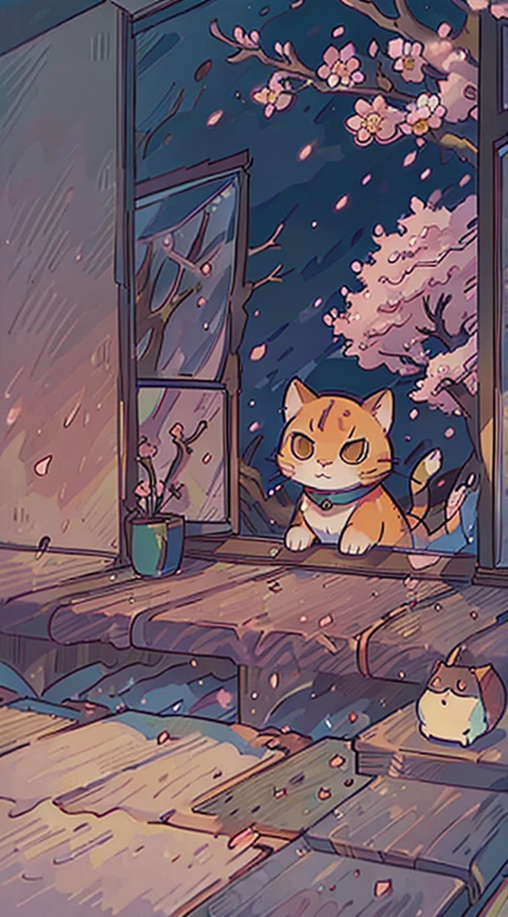 ((best quality)), ((masterpiece)), (detailed), lofi town, cherry blossom trees, cherry blossoms, cat in window, nighttime, orange cat