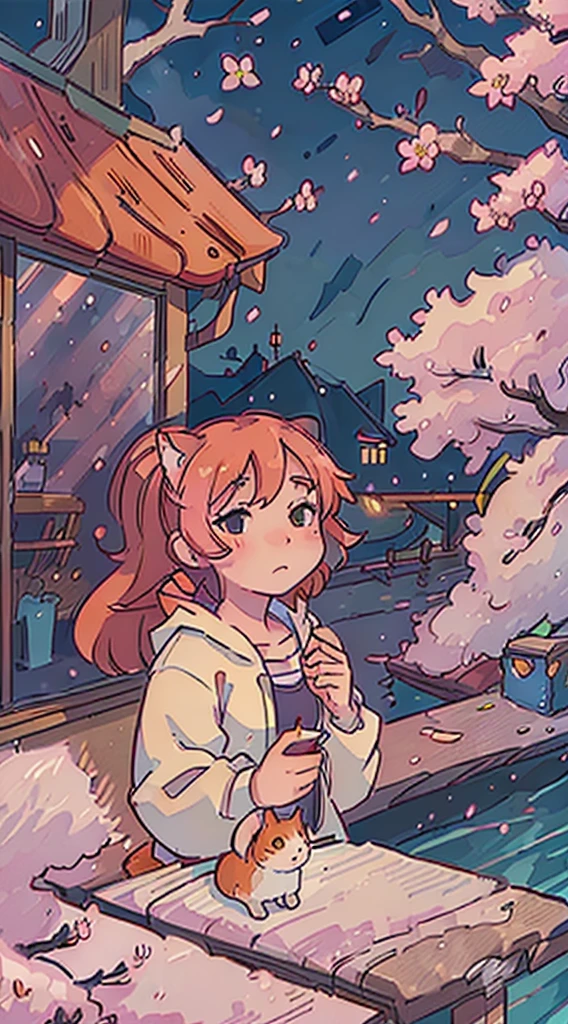 ((best quality)), ((masterpiece)), (detailed), lofi town, cherry blossom trees, cherry blossoms, cat in window, nighttime, orange cat