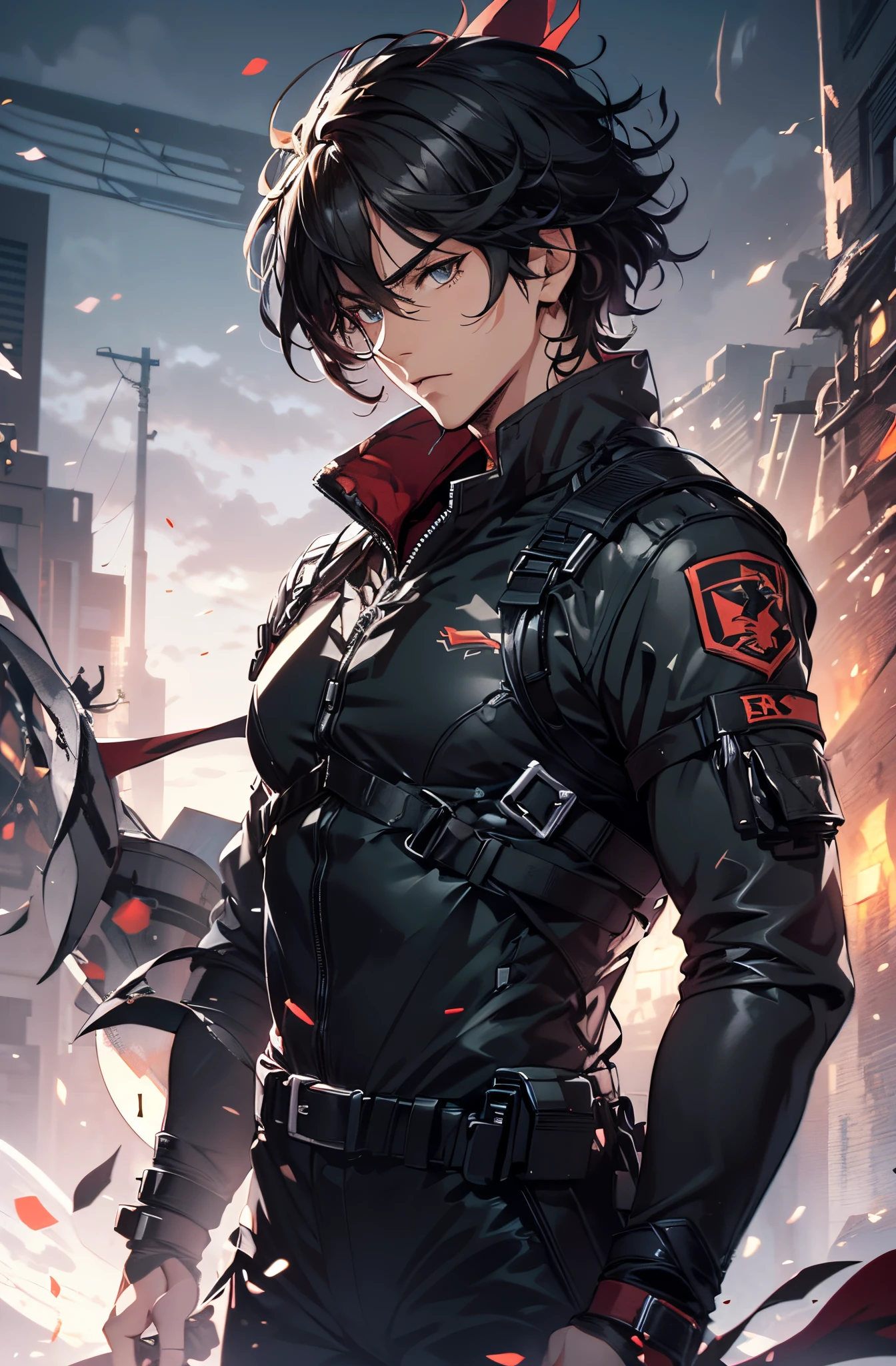 1man, handsome, wild black medium hair, wearing combat suit, masterpiece, 4k, top quality, highly detailed, official art
