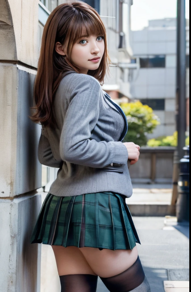 (masutepiece:1.4), (Best Quality:1.4), , Extremely detailed, Convoluted, Hyper Detailed、Official art、A 20 year old woman is looking at me、huge tit、Wear a blazer、Wearing a green plaid pleated skirt、Japan school uniform、student clothes、put on black stockings、carrying a gray backpack、Shooting from behind、FULL BODYSHOT、The background is a road