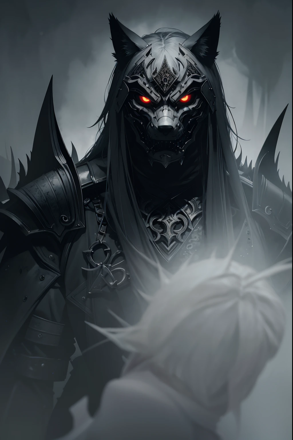 (a man wearing a steel wolf mask, dark and gothic character style),metallic,heavy armor,sturdy,tough-looking,imposing figure,lit by dim candlelight,ominous atmosphere,intense,expressive eyes,sharp fangs,cruel and twisted smile,pale complexion,gritty texture,contrast of shadows and highlights,dramatic lighting,ethereal and haunting,black and silver color palette,eerie and mysterious mood,thick fog swirling around,hauntingly beautiful backdrop,detail and precision in the facial features of the mask,sculpted with intricate patterns and designs,sharp and defined edges,foreboding presence,evoking a sense of fear and curiosity,exquisite attention to detail in the costume attire,leather straps and buckles,heavy chains,dark and mysterious background,moonlit sky,full moon casting an eerie glow,a sense of danger and intrigue,enigmatic aura,embodying power and darkness. --s 1000