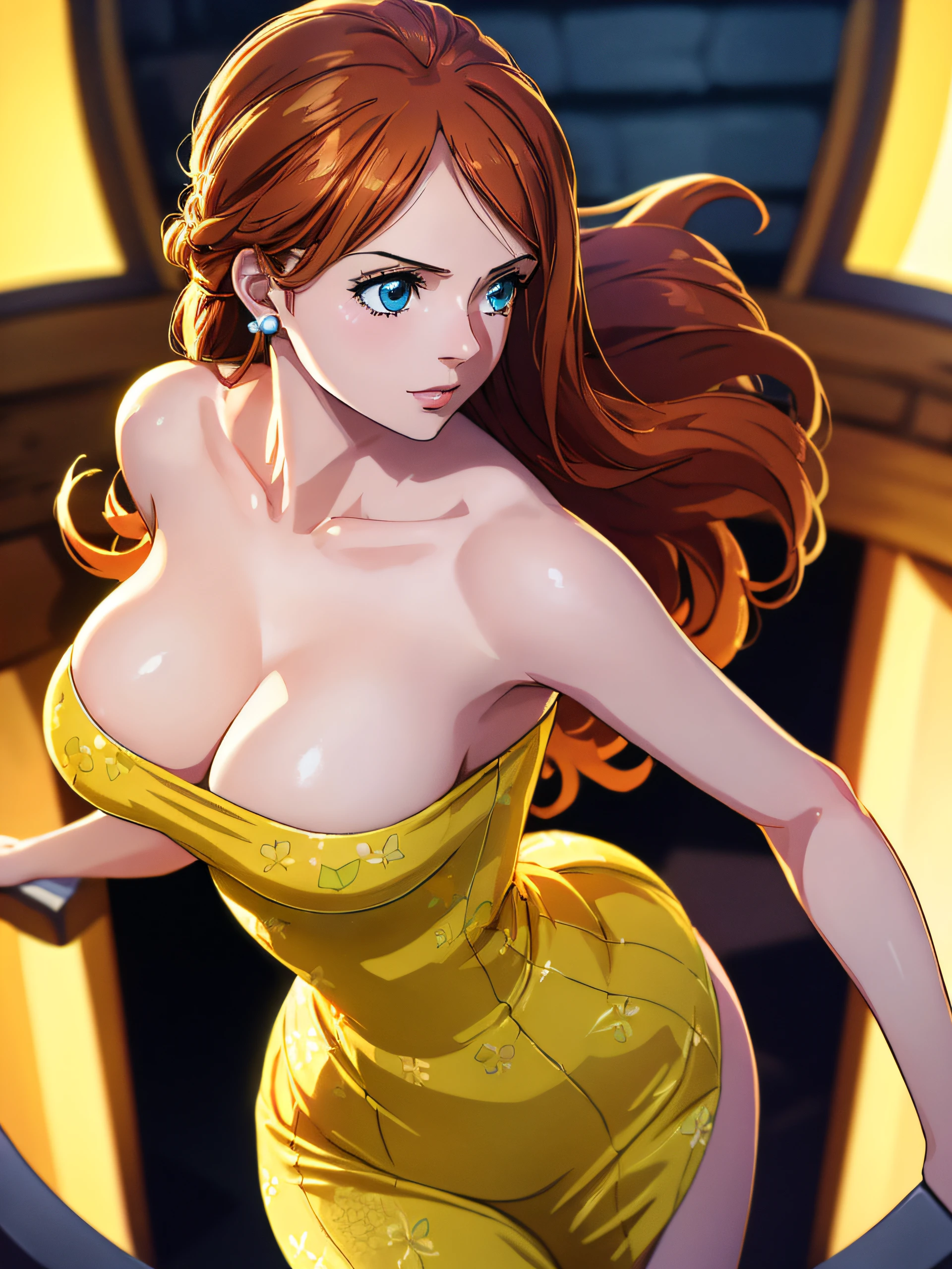 ((high detailed, best quality, 4k, masterpiece, hd:1.3)), Princess Daisy anime girl in yellow dress that accentuates her curves, with arms outstretched in a beach, blue eyes, seductive anime girl, anime moe artstyle, overwatch tracer in a bikini, attractive anime girl, beautiful alluring anime woman, high quality fanart, pose(arms up + happy), smooth anime cg art, 36C breasts, Narrow waist, long legs, vivid colors, detailed digital anime art, style artgerm, slim body, perfect skin