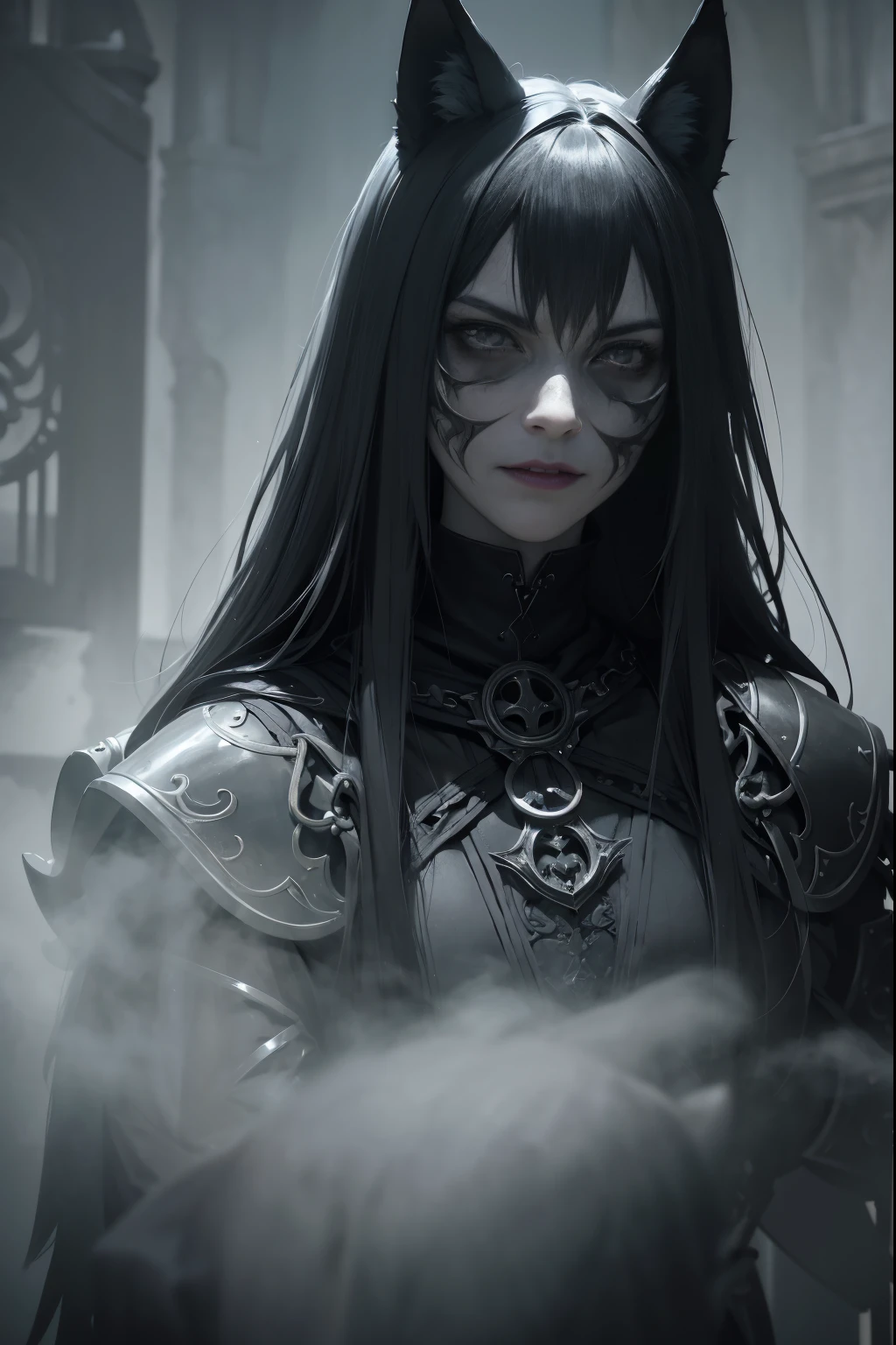(a man wearing a steel wolf mask, dark and gothic character style),metallic,heavy armor,sturdy,tough-looking,imposing figure,lit by dim candlelight,ominous atmosphere,intense,expressive eyes,sharp fangs,cruel and twisted smile,pale complexion,gritty texture,contrast of shadows and highlights,dramatic lighting,ethereal and haunting,black and silver color palette,eerie and mysterious mood,thick fog swirling around,hauntingly beautiful backdrop,detail and precision in the facial features of the mask,sculpted with intricate patterns and designs,sharp and defined edges,foreboding presence,evoking a sense of fear and curiosity,exquisite attention to detail in the costume attire,leather straps and buckles,heavy chains,dark and mysterious background,moonlit sky,full moon casting an eerie glow,a sense of danger and intrigue,enigmatic aura,embodying power and darkness. --s 1000