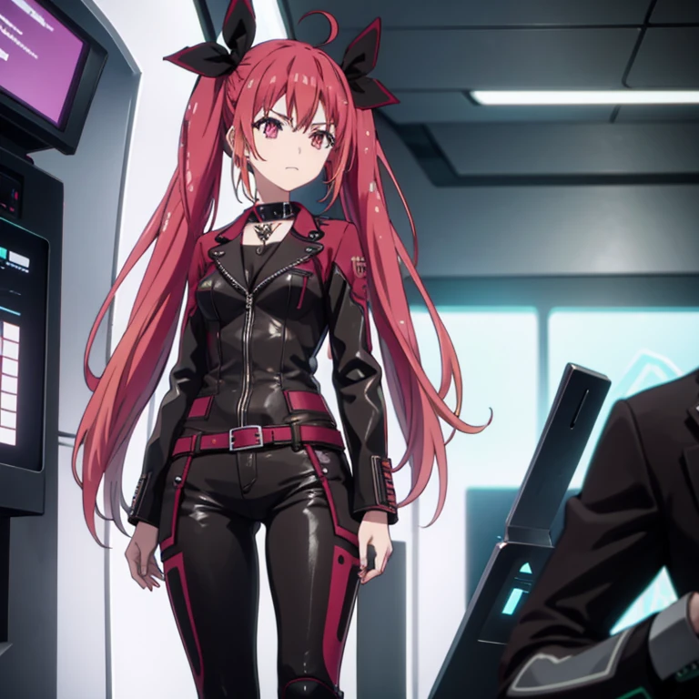 Kotori wearing a tight black leather jacket,cyberpunk anime，Futuristic