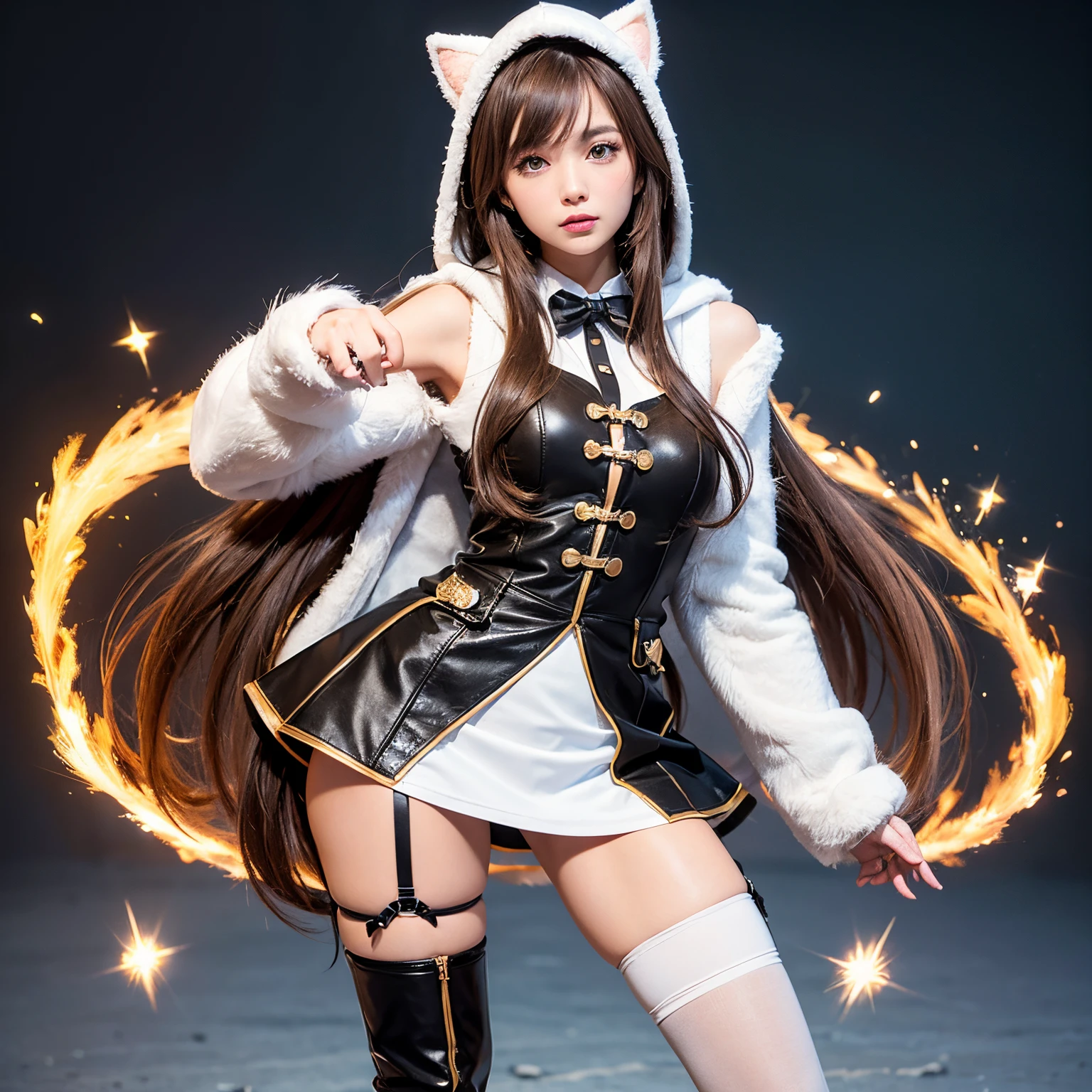 super high quality, 8k, RAW photo, realistic, light brown straight hair, cute girl, sharp eyes, full makeup, slender, great proportion, wearing fluffy downy feathery woolly cat mascot costume with hooded miniskirt boots gloves, paw pose, claw pose