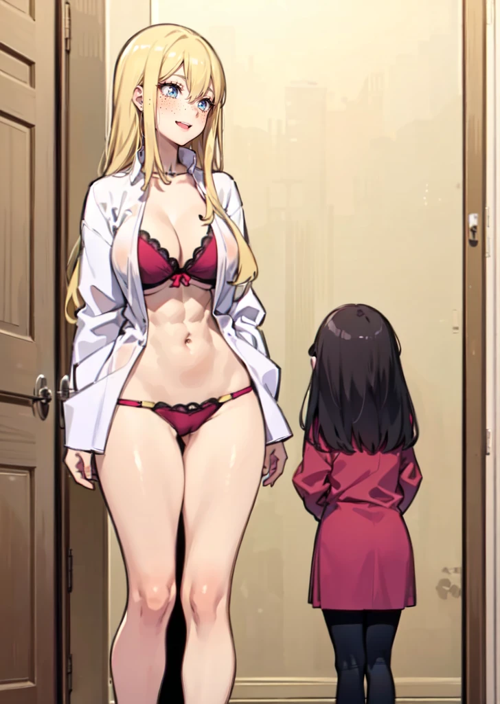 two girls next to each other, (yuri:1.2), looking at another, a giantess looking down at a girl, (2girls:1.4), (height_difference:1.3), size_difference, bedroom, adult girl next to a giantess, (giantess:1.5), huge breasts, navel, long hair, (muscular:1.1), (tall:1.2), huge thighs, (1girl:1.5), happy, smug, (long_hair:1.1), petite, scared, open mouth, (adult:1.3), (woman:1.4), (rear_end:1.2), cameltoe