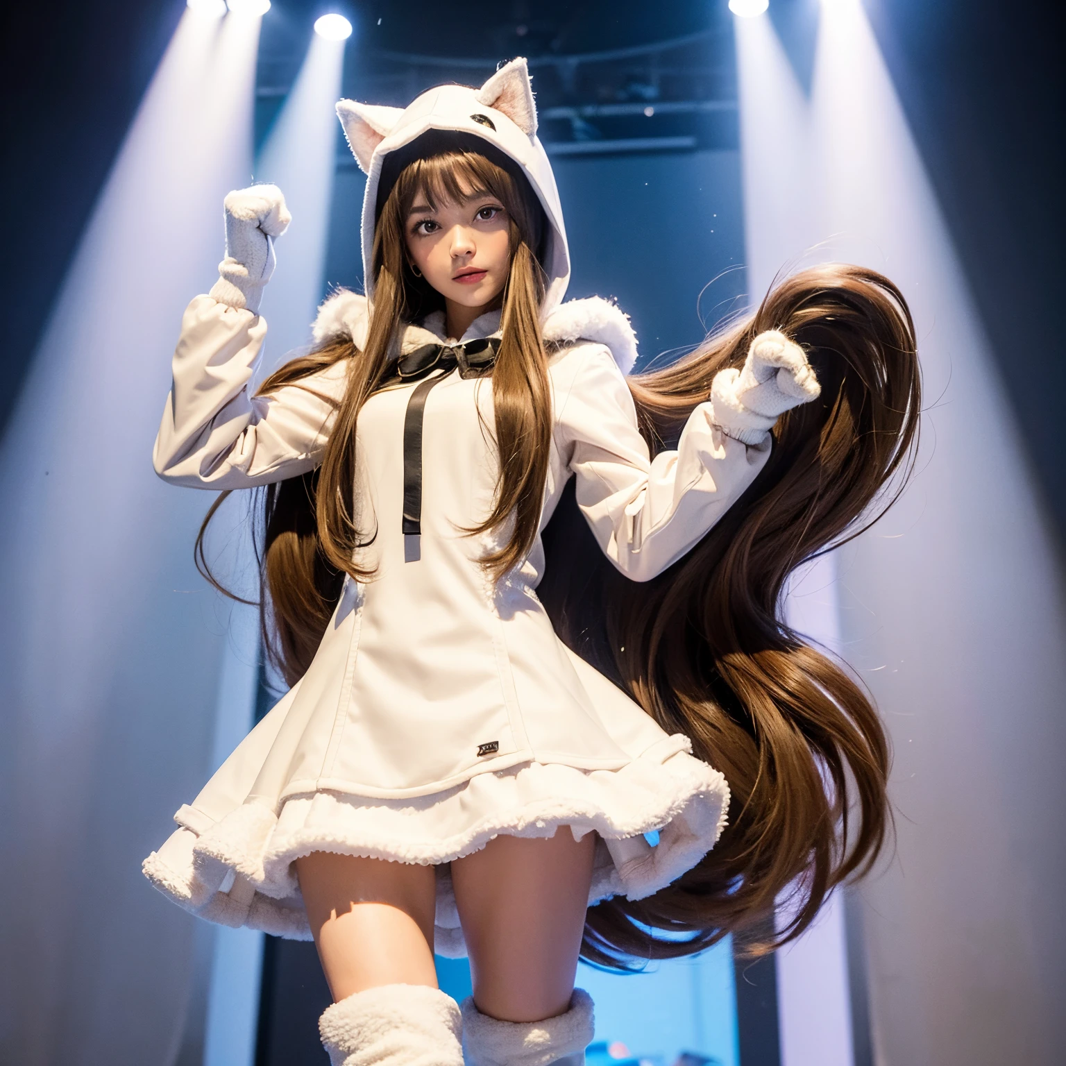 super high quality, 8k, RAW photo, realistic, light brown straight hair, cute girl, sharp eyes, full makeup, slender, great proportion, wearing fluffy downy feathery woolly cat mascot costume with hooded miniskirt boots gloves, paw pose, claw pose