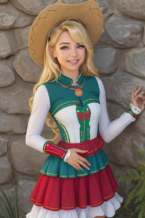 (Obra maestra, La mejor calidad:1.2), Disparo de vaquero, solamente, 1girl, mlpapplejack, They are smiling, Mirando al espectador, Cabello largo y bajo, linda sonrisa,Vestido de noche elegante, vestido escotado, senos grandes, guantes elegantes largos, tacones , sombrero, en castillo, noche