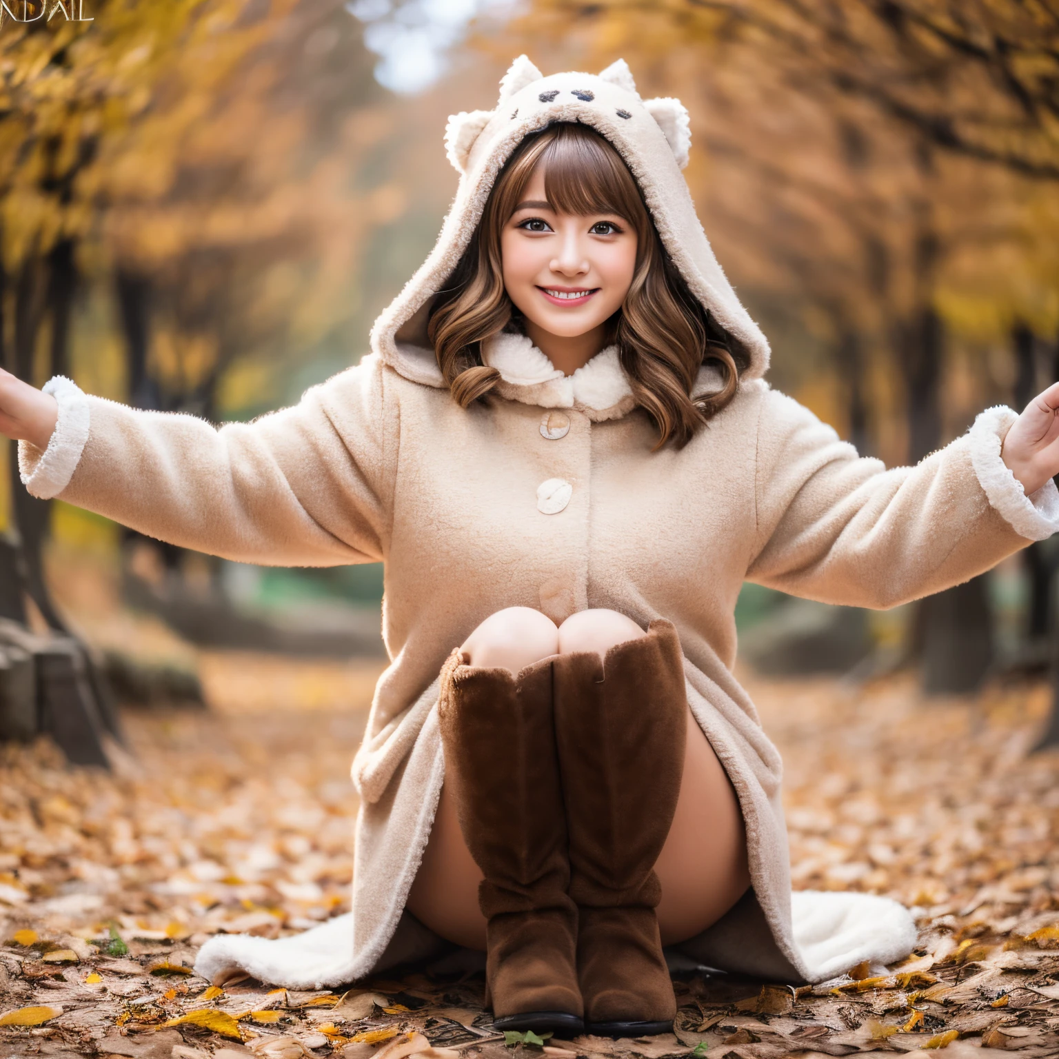 super high quality, 8k, RAW photo, realistic, light brown straight hair, beautiful woman, full makeup, slender, great proportion, wearing fluffy downy feathery woolly cat mascot costume with hooded miniskirt boots gloves, paw pose, claw pose