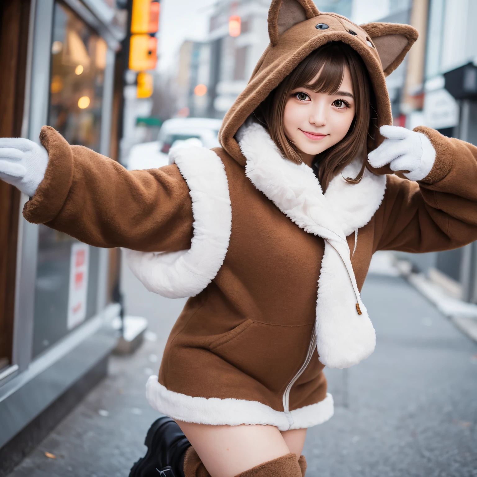 super high quality, 8k, RAW photo, realistic, light brown straight hair, cute girl, sharp eyes, full makeup, slender, great proportion, wearing fluffy downy feathery woolly cat mascot costume with hooded miniskirt boots gloves, paw pose, claw pose