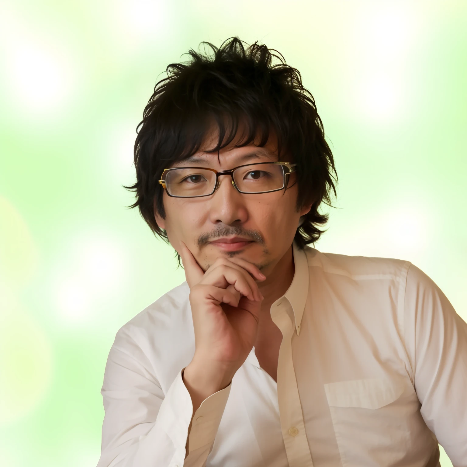 There is a man wearing glasses sitting at a table with a laptop, kojima, hideki anno, tomohiro shimoguchi, inio asano, shichiro kobayashi, hideaki anno, makoto yukimura, hideo kojima, Makoto Kobayashi, Koji Morimoto, The artist looks Yokoyama, keita morimoto