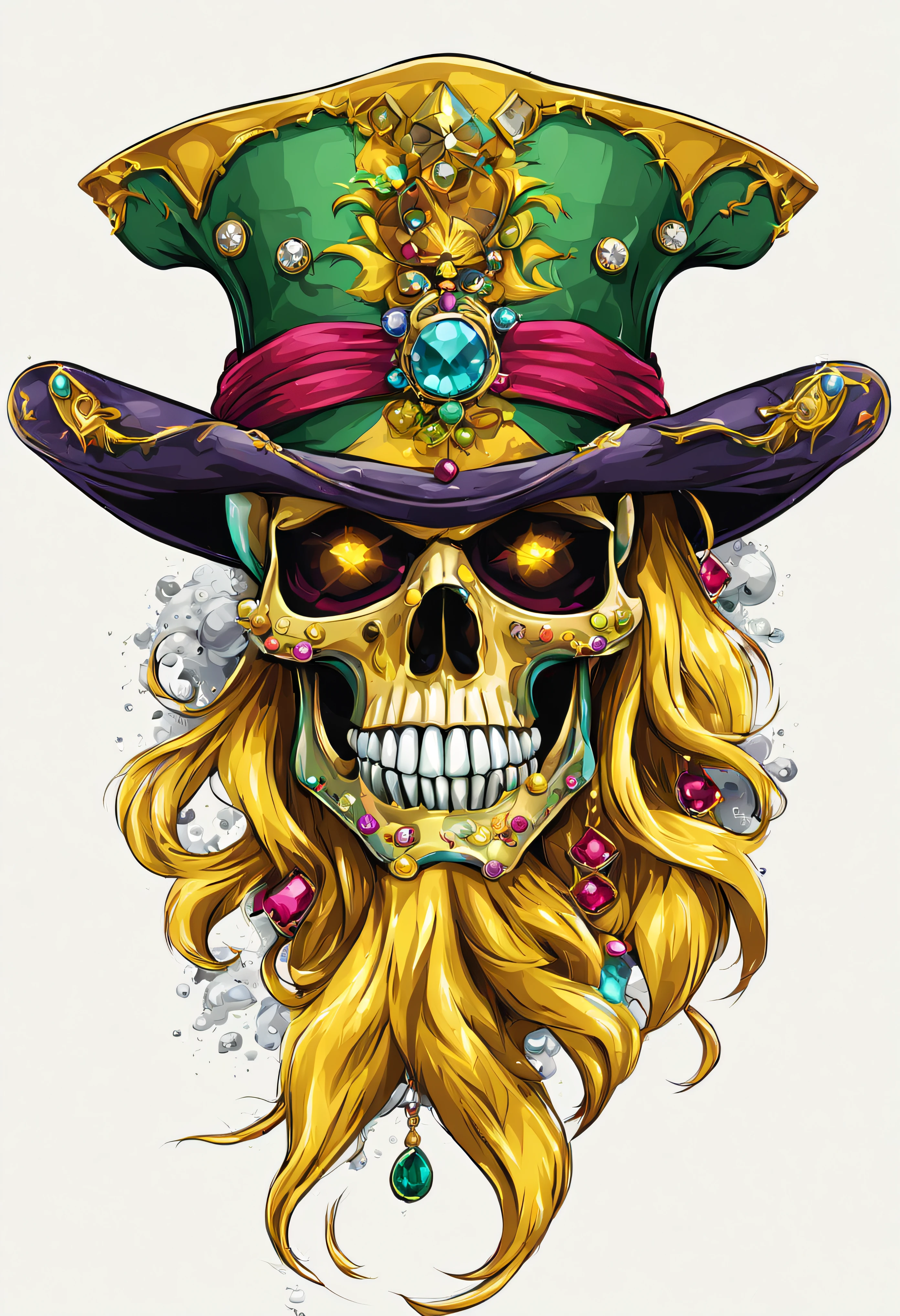 T-shirt art vector ready to print colorful graffiti illustration of masquerade party yellow pirate skull and hat web decorated with jewels of precious rubies and emeralds and skeleton beard decorated with yellow diamonds, teeth of beautiful stone jewelry, front perspective, action shot, vibrant color And welding, high detail, white background