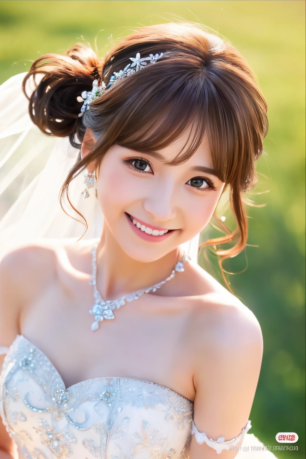anime illustrated，​masterpiece, Best Quality，in 8K, 超A high resolution，Faraway view，the heroine is wearing a wedding dress，It reflects her happiness and smile。Beautiful eyes like jewels，soft brown hair，