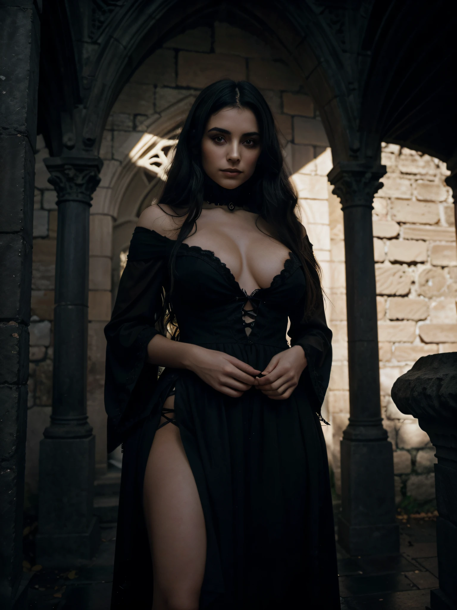 small hairy vagina. collar de cruz. In the shadows of a gothic kingdom, emerge la figura de una diosa oscura en su desnudo con tetas inmensas, an artistic vision that summarizes the mysterious elegance and melancholy of the Gothic style. Su piel, pale as the moon on a starless night..., takes on an ethereal tone that seems to absorb the light around it. Every inch of her epidermis reflects gothic beauty..., a pale masterpiece of darkness. Las sombras se enredan en sus poros como si fueran parte de su esencia..., creating a harmony between lights and shadows that highlights its contours. Los ojos, Profound and enigmatic, son dos abismos que parecen absorber la luz de la realidad. la mirada, melancholic and penetrating, sugiere un conocimiento antiguo y oscuro. Su cabello, negro como la medianoche, cae en cascada sobre sus hombros en ondas suaves y misteriosas, a current of darkness that frames his face with gloomy elegance. The Gothic goddess appears without an outfit, its nudity converted into an artistic expression that highlights the unique and somber beauty of its form. Every curve and angle of your body becomes a living sculpture..., an ode to gothic aesthetics that plays with the duality of light and darkness. en sus manos, Contains nothing but the very essence of darkness..., permitiendo que las sombras se extiendan con una gracia misteriosa. The lines and contours of his figure are accentuated by the absence of clothing......., creating a visual harmony between soft light and deep shadows. Bajo sus pies, el suelo se desvanece en la penumbra, marking each step with an ethereal imprint that blends with the surrounding darkness. This gothic goddess, in its artistic nakedness, embodies the unique and evocative beauty of the Gothic style, a presence that awakens fascination and melancholy in every corner of the gloom.