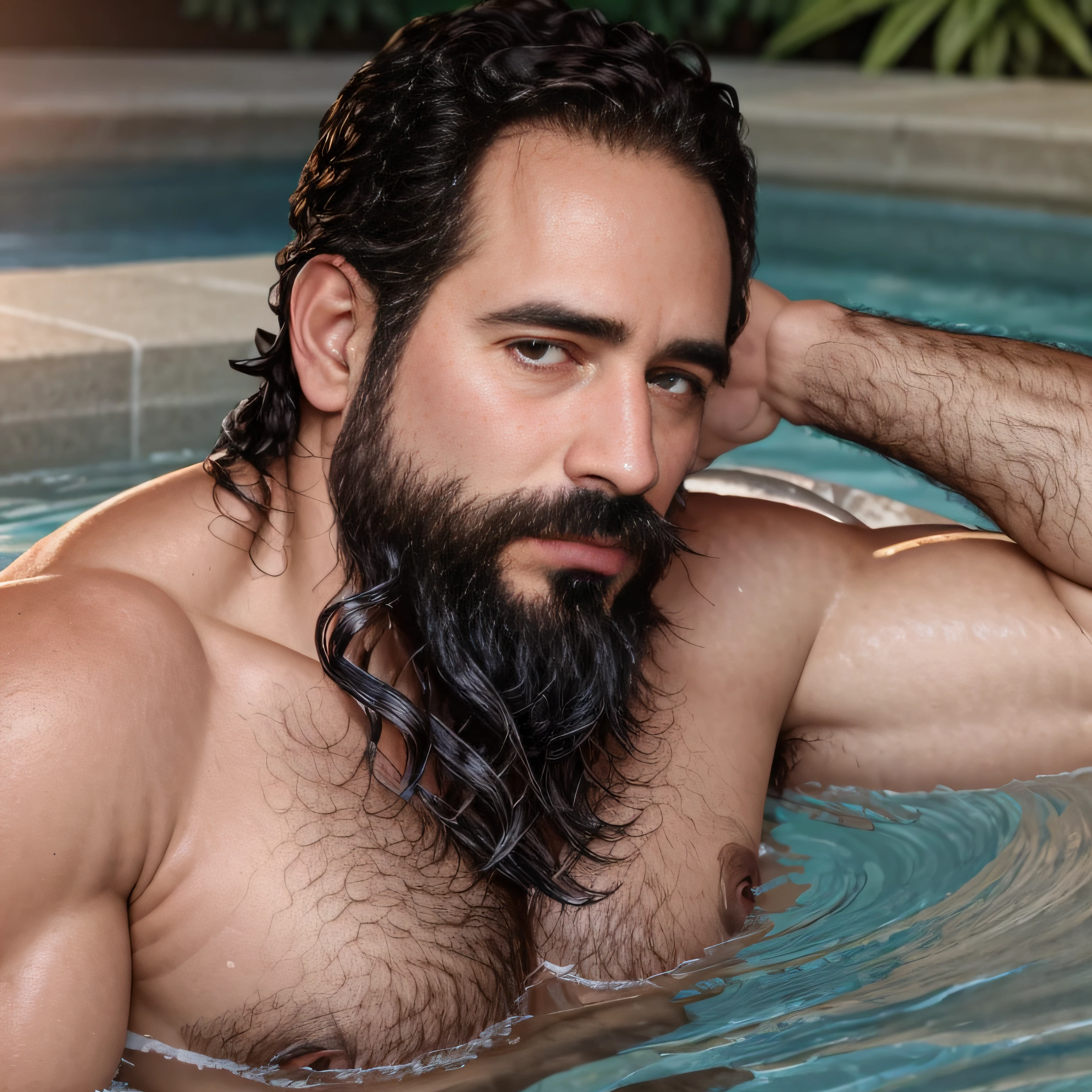 ultrahigh resolution, La mejor calidad, Foto, 4k, (fotorrealista: 1.4), cinematic lighting, a beautiful 38 year old man bathing in a pool, barba, brown eyes