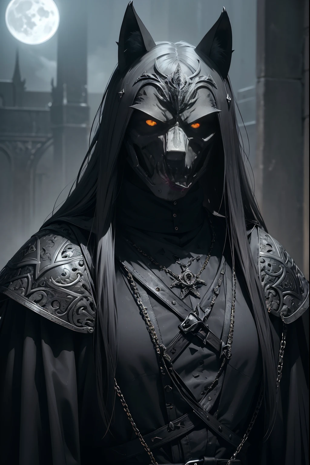 (a man wearing a steel wolf mask, dark and gothic character style),metallic,heavy armor,sturdy,tough-looking,imposing figure,lit by dim candlelight,ominous atmosphere,intense,expressive eyes,sharp fangs,cruel and twisted smile,pale complexion,gritty texture,contrast of shadows and highlights,dramatic lighting,ethereal and haunting,black and silver color palette,eerie and mysterious mood,thick fog swirling around,hauntingly beautiful backdrop,detail and precision in the facial features of the mask,sculpted with intricate patterns and designs,sharp and defined edges,foreboding presence,evoking a sense of fear and curiosity,exquisite attention to detail in the costume attire,leather straps and buckles,heavy chains,dark and mysterious background,moonlit sky,full moon casting an eerie glow,a sense of danger and intrigue,enigmatic aura,embodying power and darkness. --s 1000