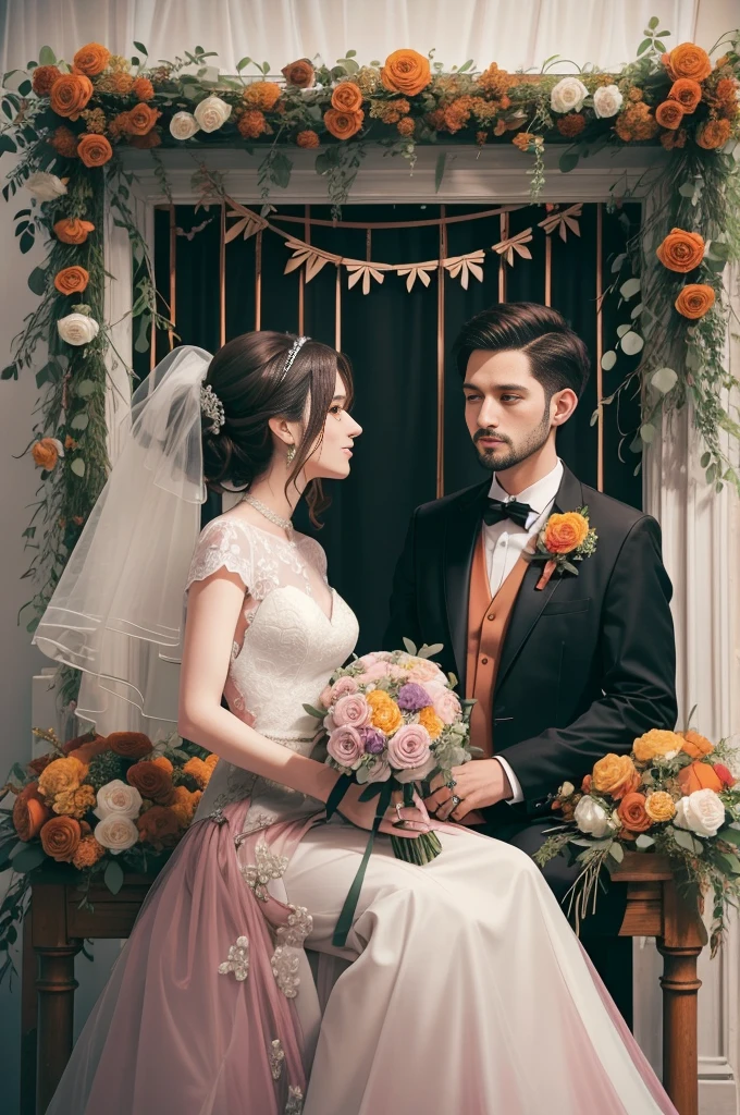 A realist style wedding that has decorations and flowers in the colors of burnt orange, rust, maroon, dark yellow, dark muted purple, muted pink, and dark muted green