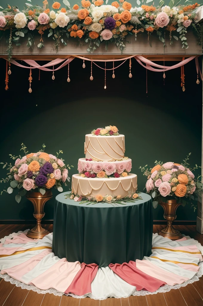 A realist style wedding that has decorations and flowers in the colors of burnt orange, rust, maroon, dark yellow, dark muted purple, muted pink, and dark muted green