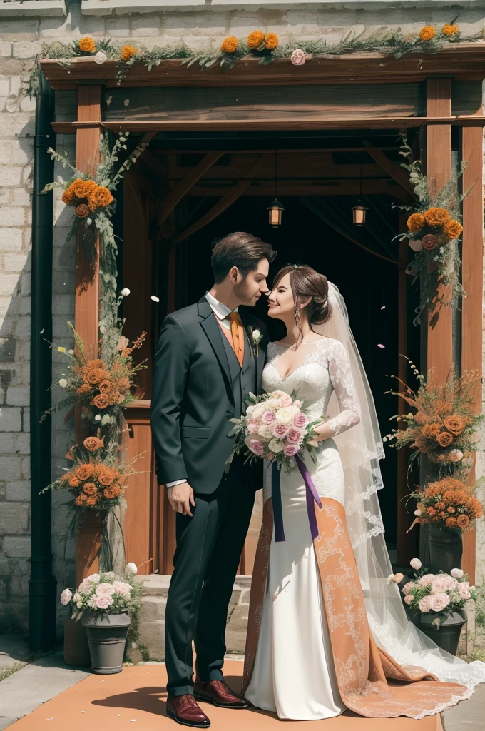 A realist style wedding that has decorations and flowers in the colors of burnt orange, rust, maroon, dark yellow, dark muted purple, muted pink, and dark muted green