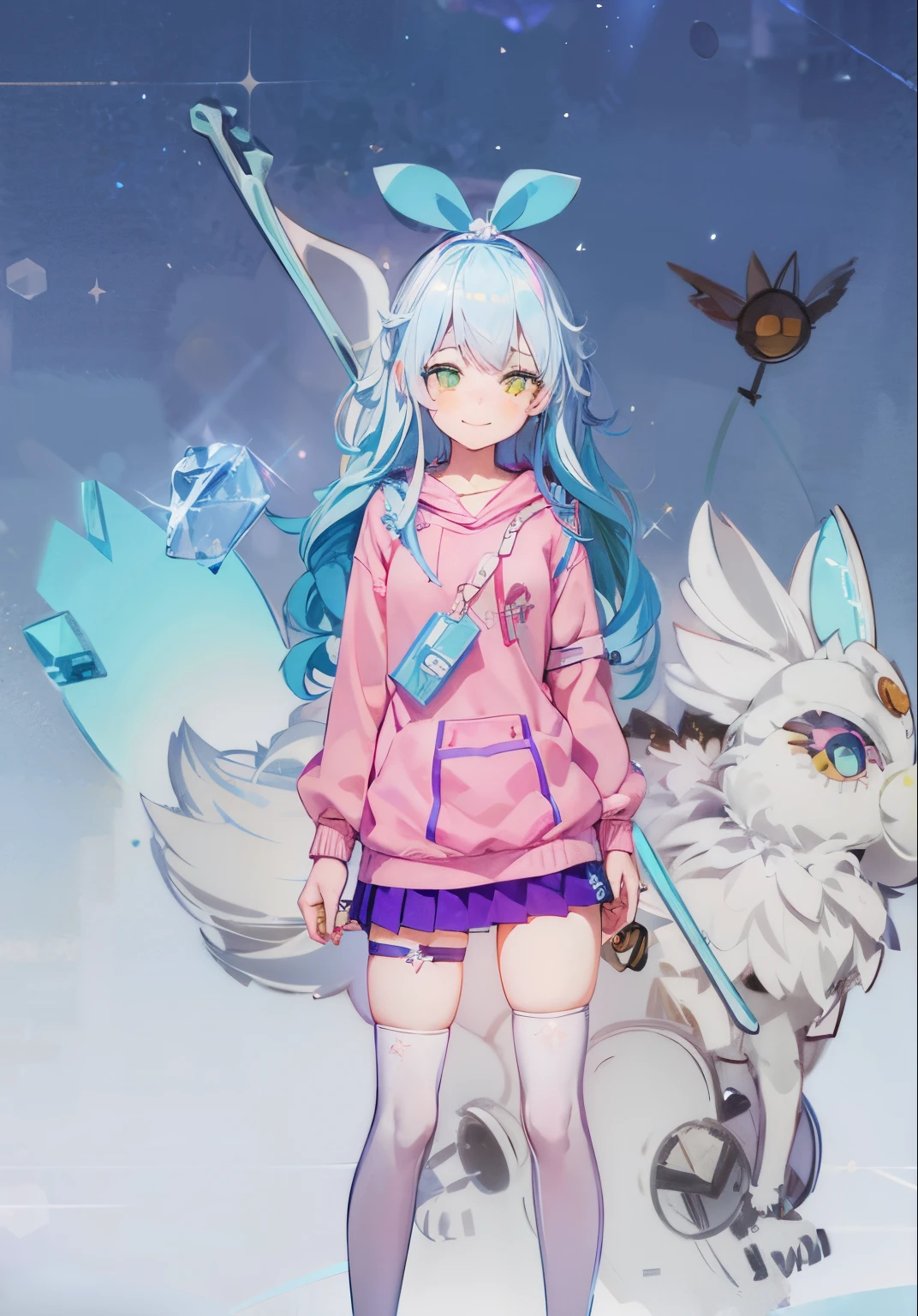 girls alone, (15years old girl:1.5), (1girl:1.9), /(green eyes:1.1), (fallen angle eyes:0.1), (thin pupil:0.1)/, (blushing:0.1), (white hair:1.1), (blue hair glitter:1.3), (hair covering one eye:0.1),(little smile:1.3), Masterpiece, high quality, 4k, 8k, (High Definition:1.9), (sunny daylight:1.9), dinamic pose, medium breast,, 1girl, alone, pink dress, purple pleated skirt,