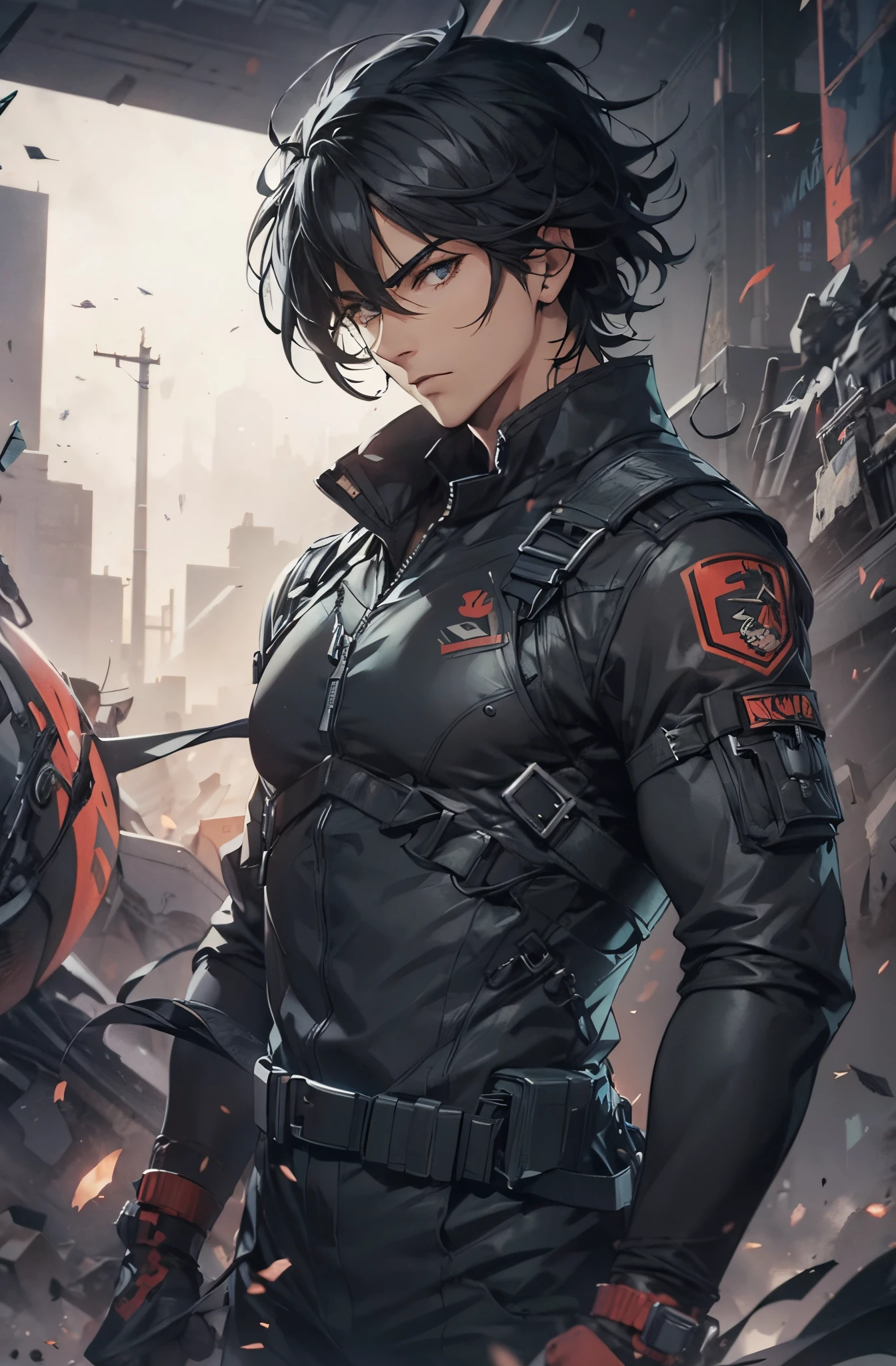 1man, handsome, wild black medium hair, wearing combat suit, masterpiece, 4k, top quality, highly detailed, official art