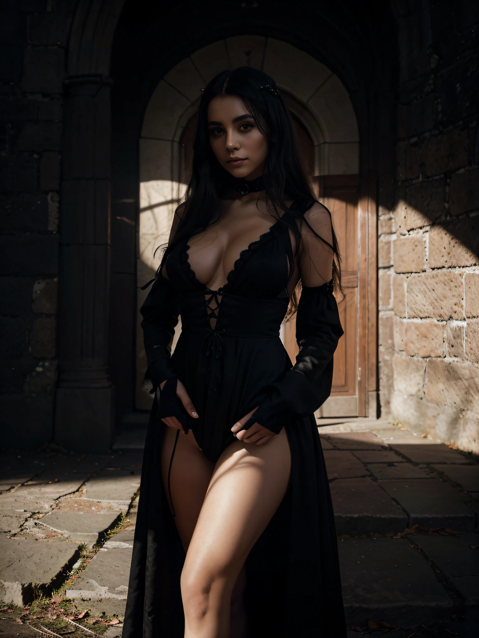 small hairy vagina. collar de cruz. In the shadows of a gothic kingdom, emerge la figura de una diosa oscura en su desnudo con tetas inmensas, an artistic vision that summarizes the mysterious elegance and melancholy of the Gothic style. Su piel, pale as the moon on a starless night..., takes on an ethereal tone that seems to absorb the light around it. Every inch of her epidermis reflects gothic beauty..., a pale masterpiece of darkness. Las sombras se enredan en sus poros como si fueran parte de su esencia..., creating a harmony between lights and shadows that highlights its contours. Los ojos, Profound and enigmatic, son dos abismos que parecen absorber la luz de la realidad. la mirada, melancholic and penetrating, sugiere un conocimiento antiguo y oscuro. Su cabello, negro como la medianoche, cae en cascada sobre sus hombros en ondas suaves y misteriosas, a current of darkness that frames his face with gloomy elegance. The Gothic goddess appears without an outfit, its nudity converted into an artistic expression that highlights the unique and somber beauty of its form. Every curve and angle of your body becomes a living sculpture..., an ode to gothic aesthetics that plays with the duality of light and darkness. en sus manos, Contains nothing but the very essence of darkness..., permitiendo que las sombras se extiendan con una gracia misteriosa. The lines and contours of his figure are accentuated by the absence of clothing......., creating a visual harmony between soft light and deep shadows. Bajo sus pies, el suelo se desvanece en la penumbra, marking each step with an ethereal imprint that blends with the surrounding darkness. This gothic goddess, in its artistic nakedness, embodies the unique and evocative beauty of the Gothic style, a presence that awakens fascination and melancholy in every corner of the gloom.